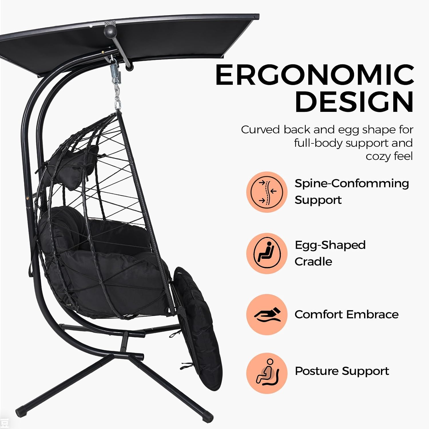 Double Egg Chair Outdoor with Stand & Canopy, 2 Person Hanging Egg Chair with Footrest, Oversized Rattan Wicker Egg Swing Chair with Lights for Bedroom Garden, 660Lbs (Black with Light)