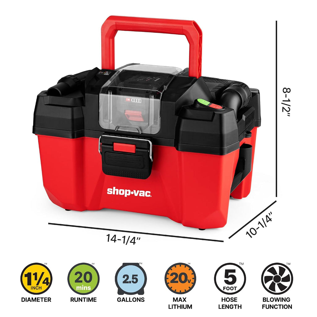 Shop-Vac 20V Cordless Wet/Dry Vacuum, 2.5-Gallon Tank, 5ft Hose, 4.0A Battery and Charger Included
