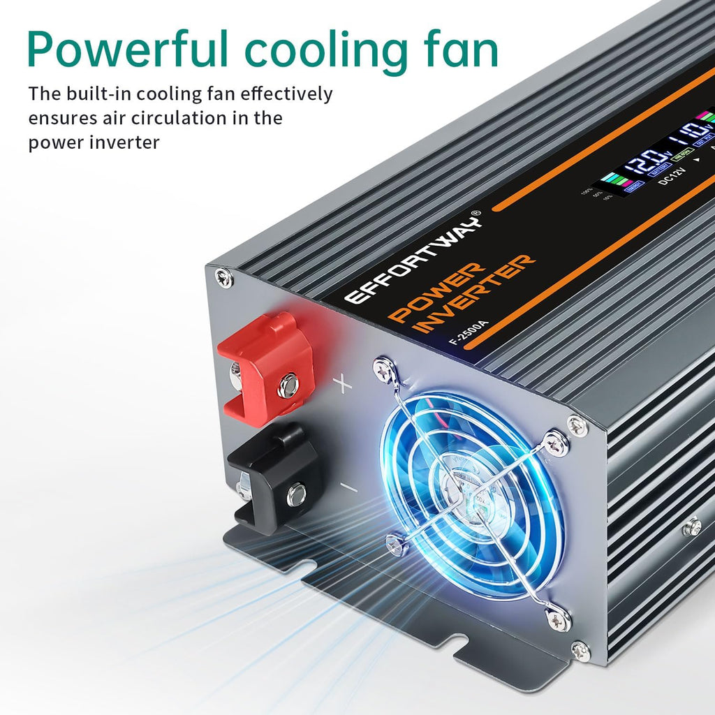 2500W Power Inverter. 12V DC to 110V/120V AC Converter 5000W (Peak) with LCD Display, 3 AC outlets, 2 USB, 2500w Inverter for Camping RV Travel Outdoor Truck Off-Grid Solar inverters