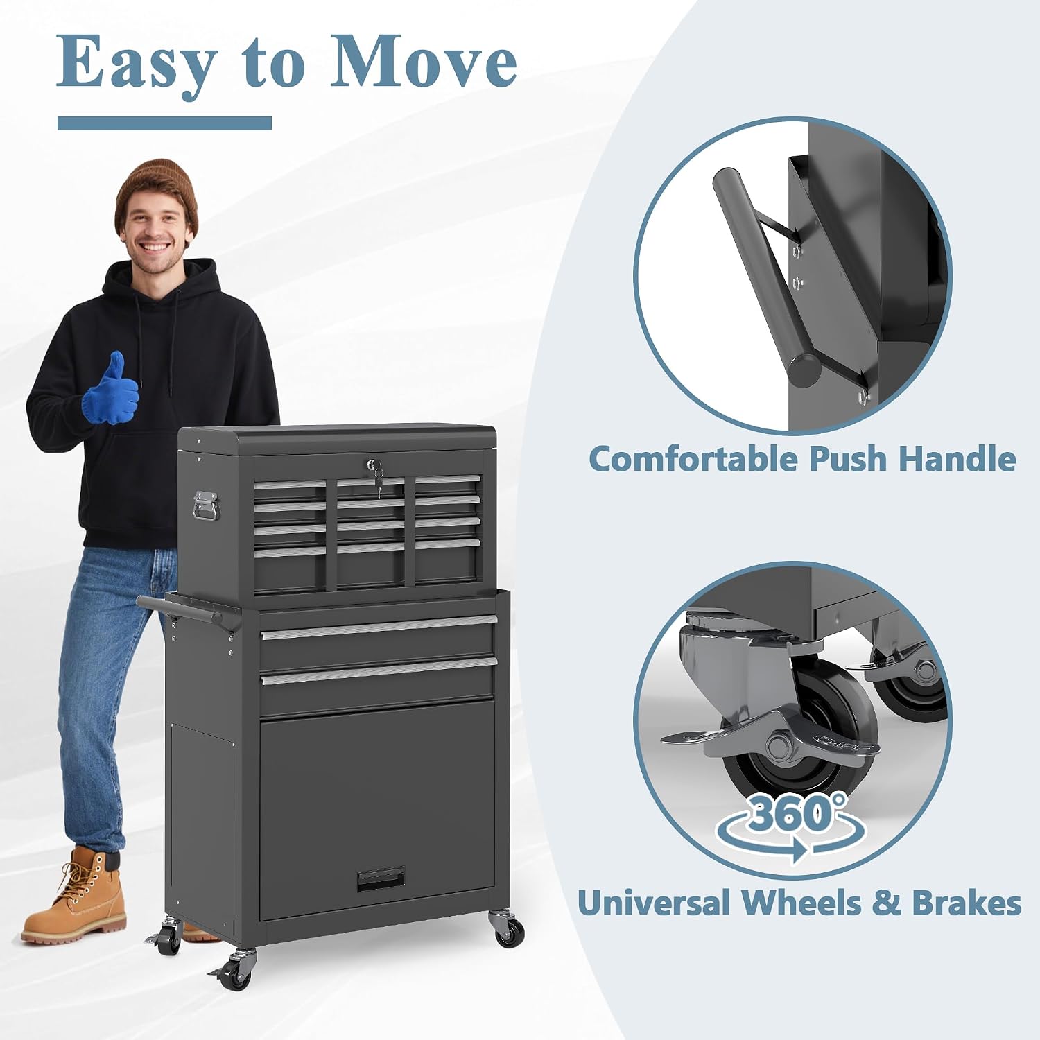 Tool Chest, 8 Drawers Rolling Tool Cabinet, Removable Cabinet Storage Tool Box with Hooks and Liners,Universal Lockable Wheels