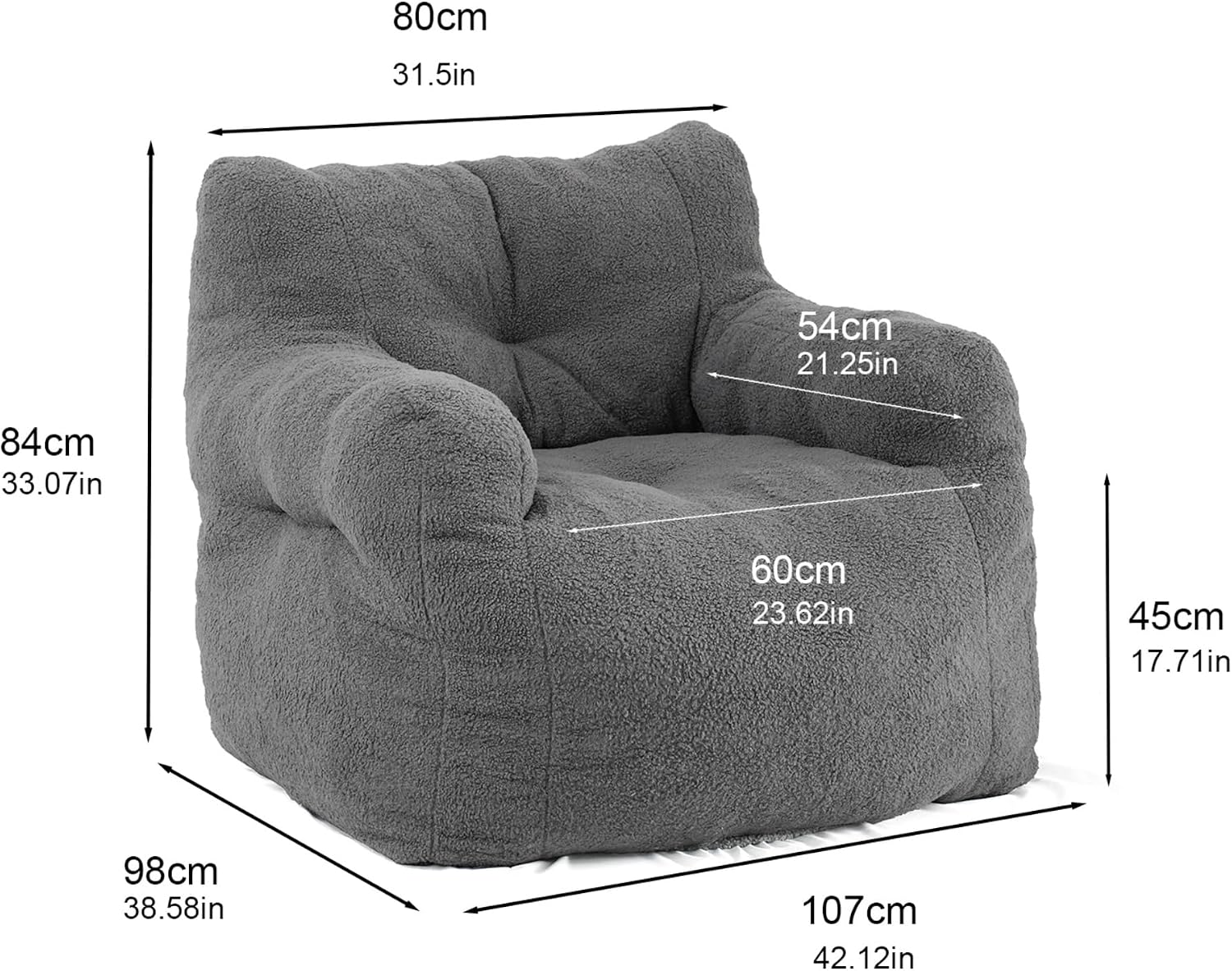 DKLGG Bean Bag Chairs for Adults, Giant Bean Bag Chair with Filler Included Faux Fur Bean Bag Sofa Memory Foam Large Bean Bag Chair with Armrest for Living Room, Bedroom, Gaming Room, Lounge, Grey