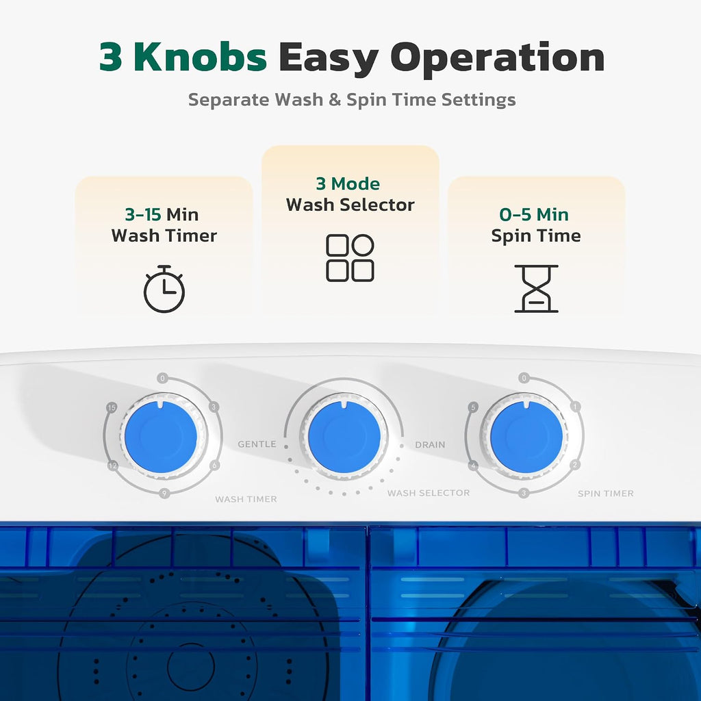 Greenvelly Portable Washing Machine, 16 Lbs Compact Washer and Dryer Combo, Semi-automatic Twin Tub Laundry Washer Machine for Dorms, Apartments, RVs (Blue)