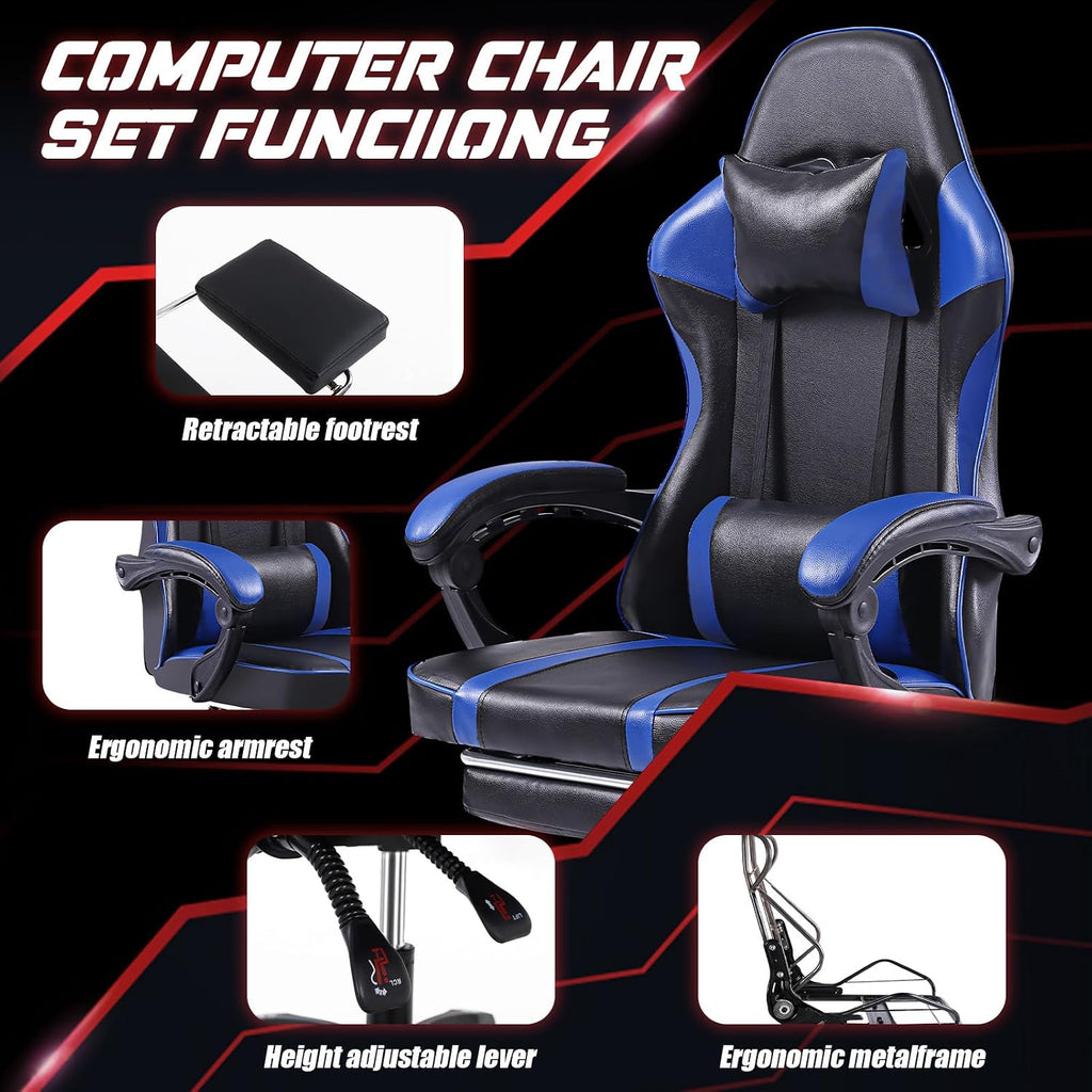 450lbs Big and Tall Gaming Chair with Footrest – Heavy Duty Wide Seat Video Game Chair for Adults, Reclining PU Leather High Back Computer Office Desk Chair with Lumbar Support (Model F, Black+Blue)