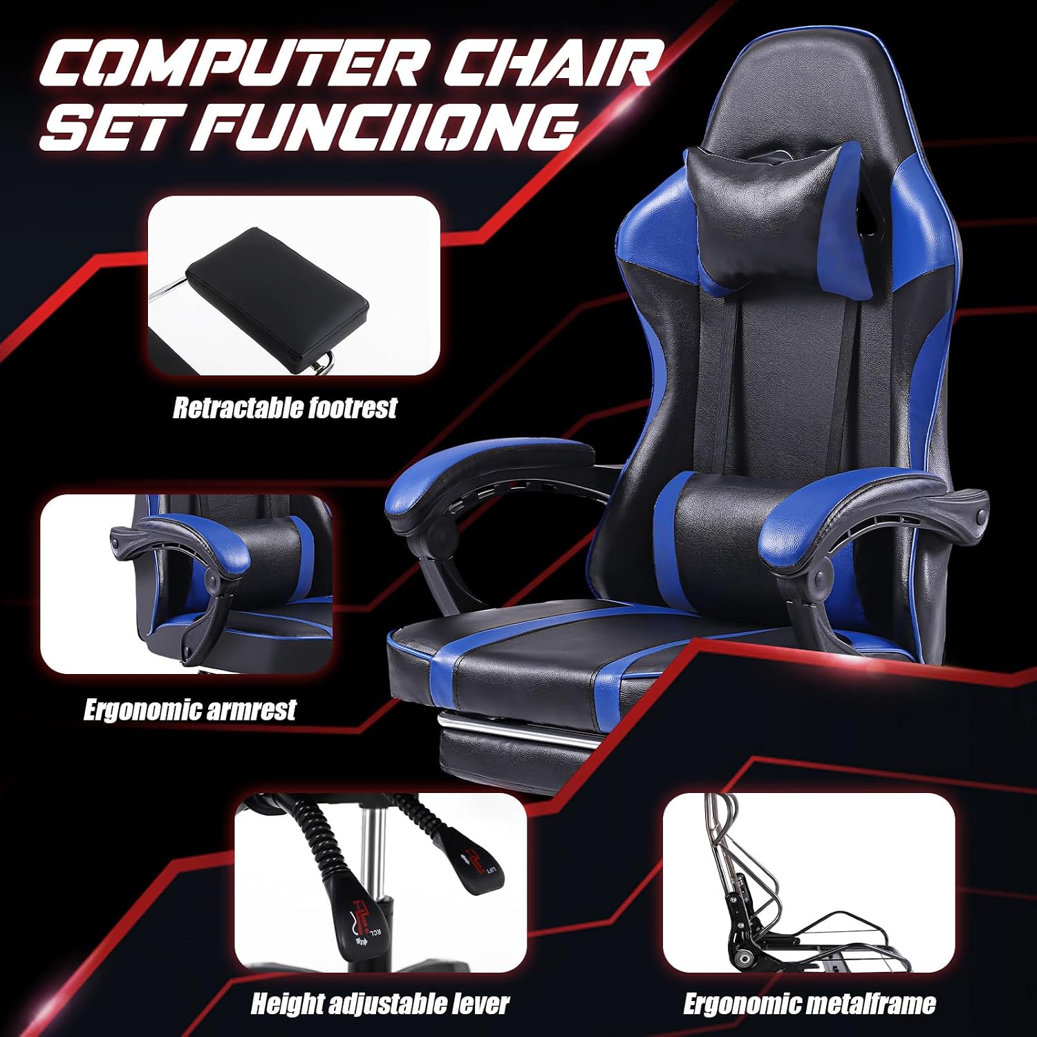 450lbs Big and Tall Gaming Chair with Footrest – Heavy Duty Wide Seat Video Game Chair for Adults, Reclining PU Leather High Back Computer Office Desk Chair with Lumbar Support (Model F, Black+Blue)