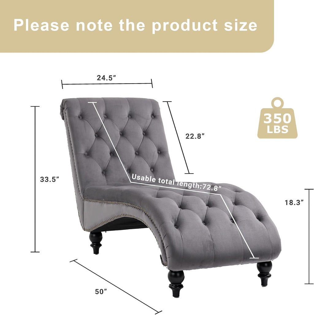 Velvet Chaise Lounge Indoor,Button-Tufted Upholstered Chaise Lounge Chair with Pillow for Bedroom Living Room Office Modern Backrest Leisure Recliner Sleep Sofa,Grey New