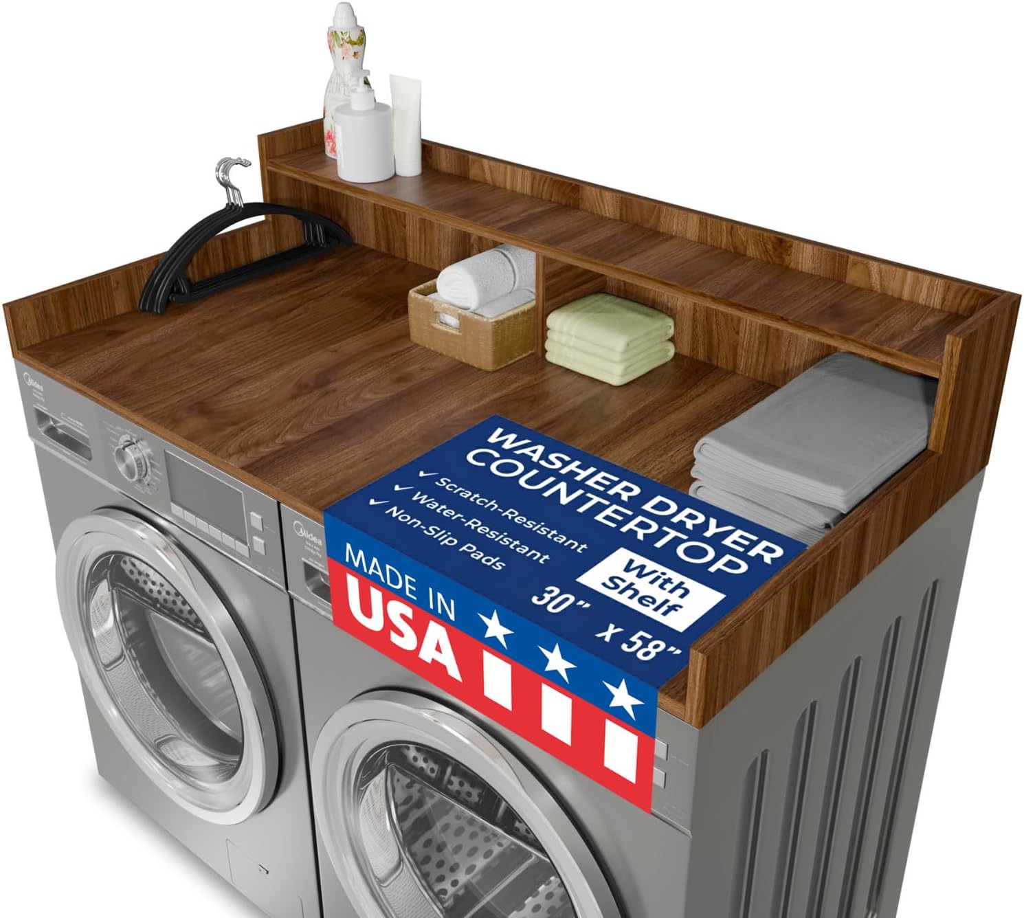 OfficeSimpli Large Washer Dryer Countertop with Shelf, 30 x 58 Inch Made in USA Laundry Countertop Over Washer and Dryer with Non-Slip Pads, Storage Shelf, Laundry Topper Organizer, California Walnut