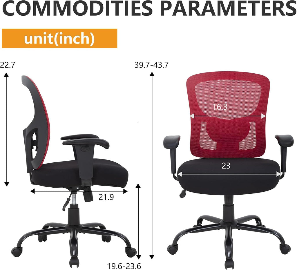 BestOffice Big & Tall Office Chair, 400 lb Capacity Mesh Desk Seating with Lumbar Support, Wide Seat, Adjustable Arms, Rolling Swivel High-Back Ergonomic Executive Task Model for Home Office, Red