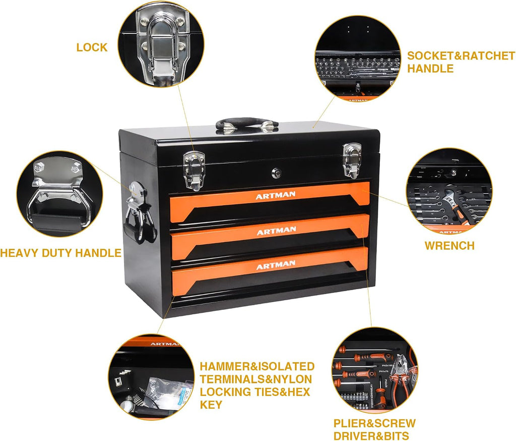 Tool Box Including 439 Pieces of Mechanics Tool Kit, 4-Drawer High Capacity Tool Chest, Lockable Home Repair Tool Storage Organizer with Sliding Drawers for Garage,Orange