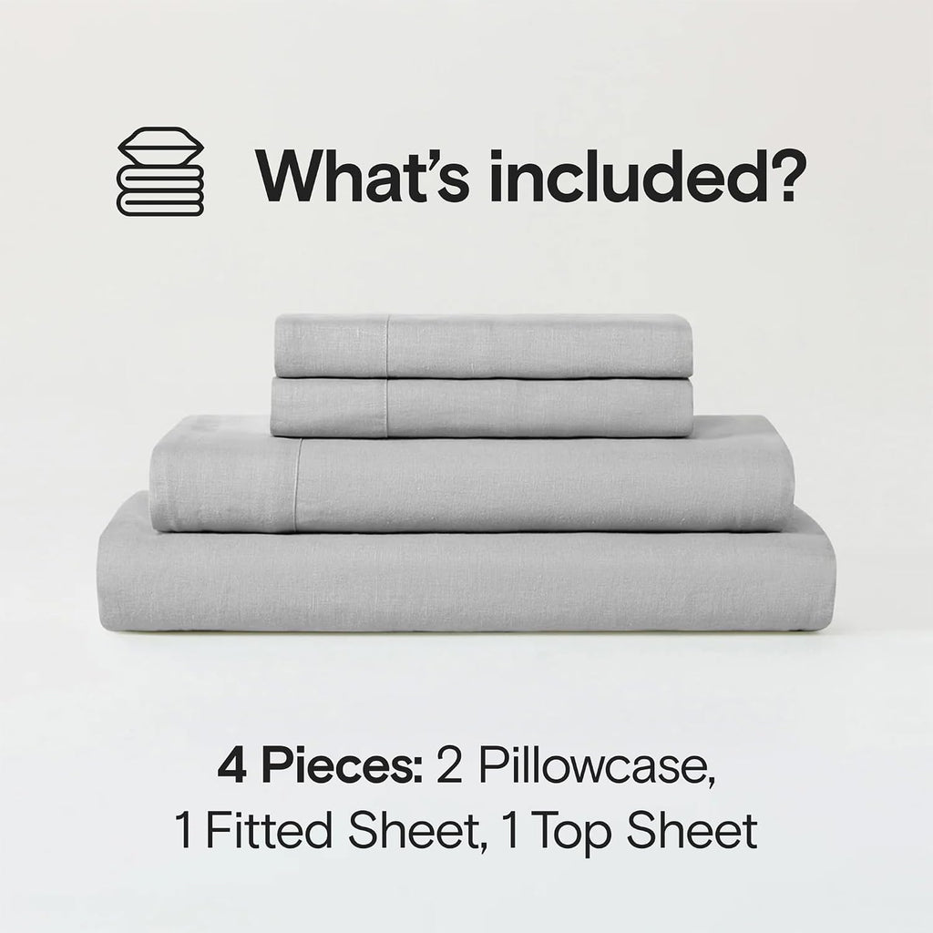 Sijo Stone Washed Organic French Linen Bed Sheet Set, GOTS Certified Organic, Best Cooling Linen Sheet Award by Sleep Foundation, 4 Piece - 2 Pillowcases, 1 Fitted and 1 Flat (Dove, Queen)