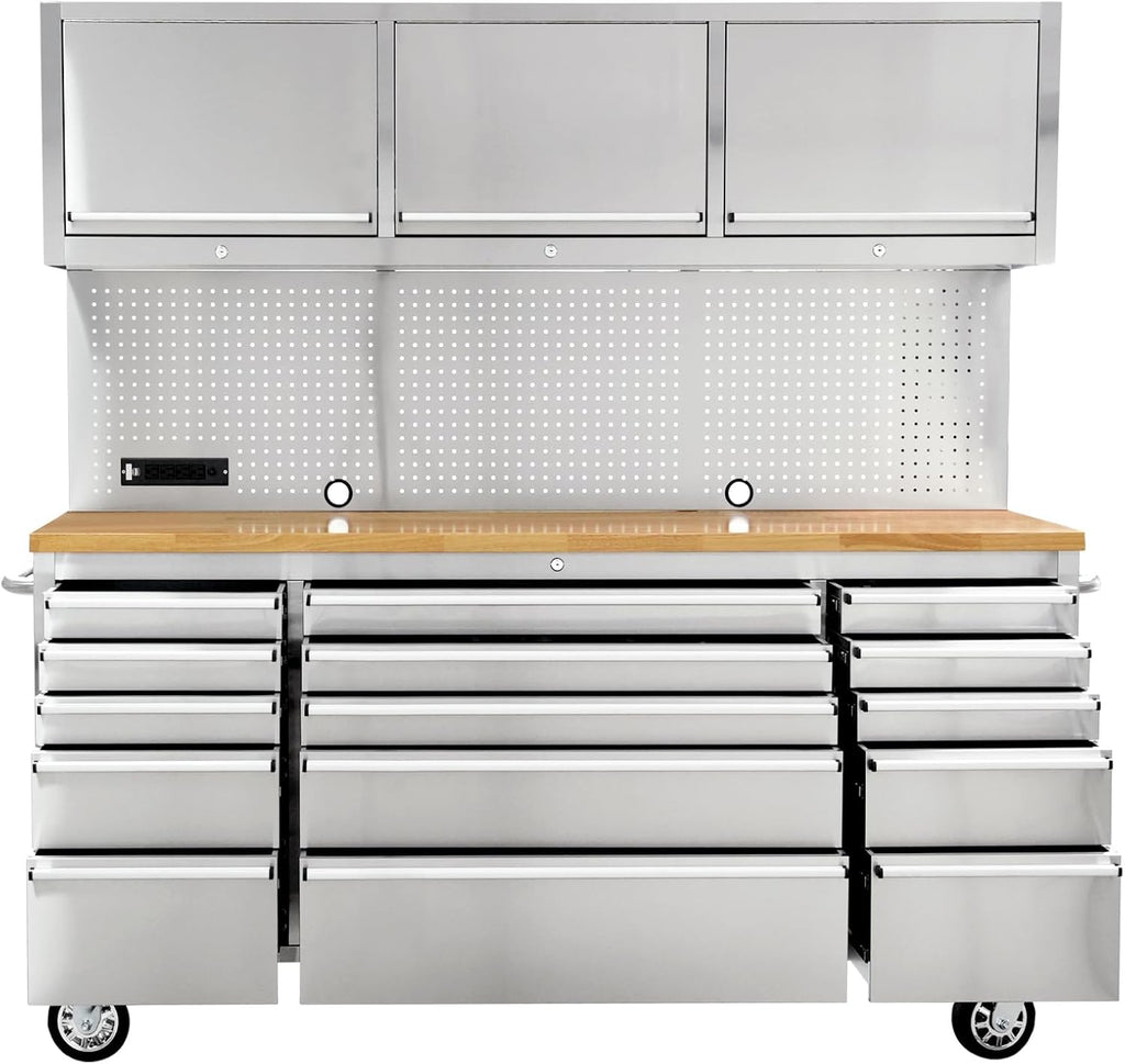 CHETTO C 72 inch Tool Box Tool Chest with Power Outlet 15 Drawers Storage Rolling Cabinet with Wheels Lock Key Locking System Drawer Liners for Garage Warehouse Repair Shop