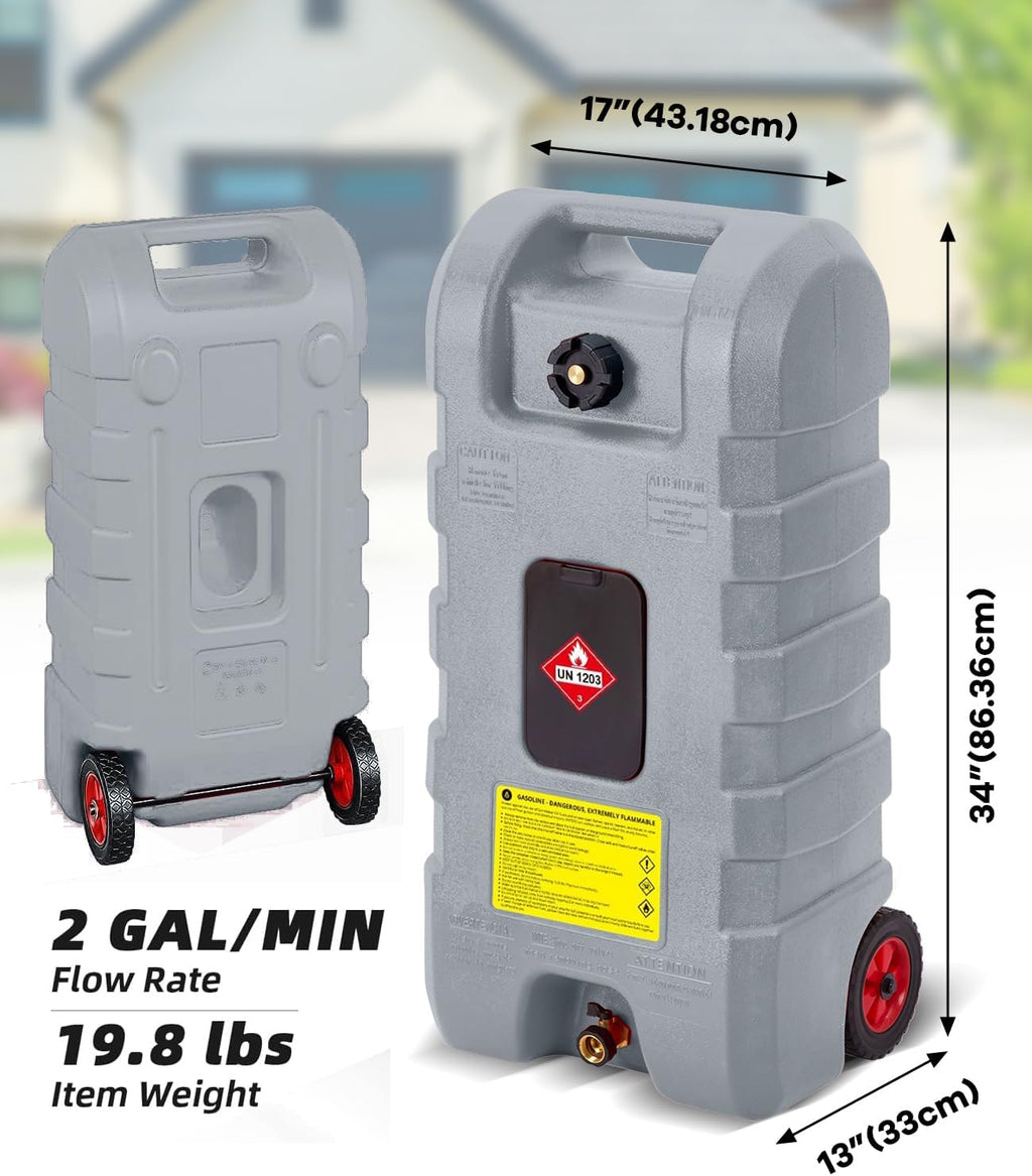 15 Gallon Gas Caddy, Heavy-Duty Gas Can and Fuel Caddy with Manual Fuel Transfer Pump, Portable Fuel Tank on Wheels with 10 ft Hose for Lawn Mowers, Cars, Boats, ATVs, Home and Farm Use, Grey