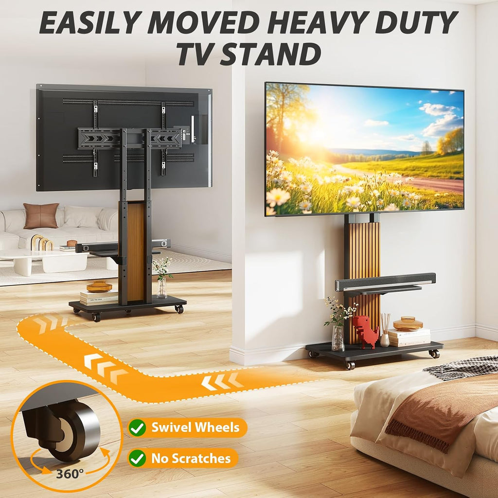 TVON Heavy Duty Rolling TV Stand for 55-90 inch Large TVs up to 150 lbs, Mobile TV Cart with Height Adjustable Mount and Large Storage Shelf, Tall TV Stand with Wooden Base, Black and Walnut
