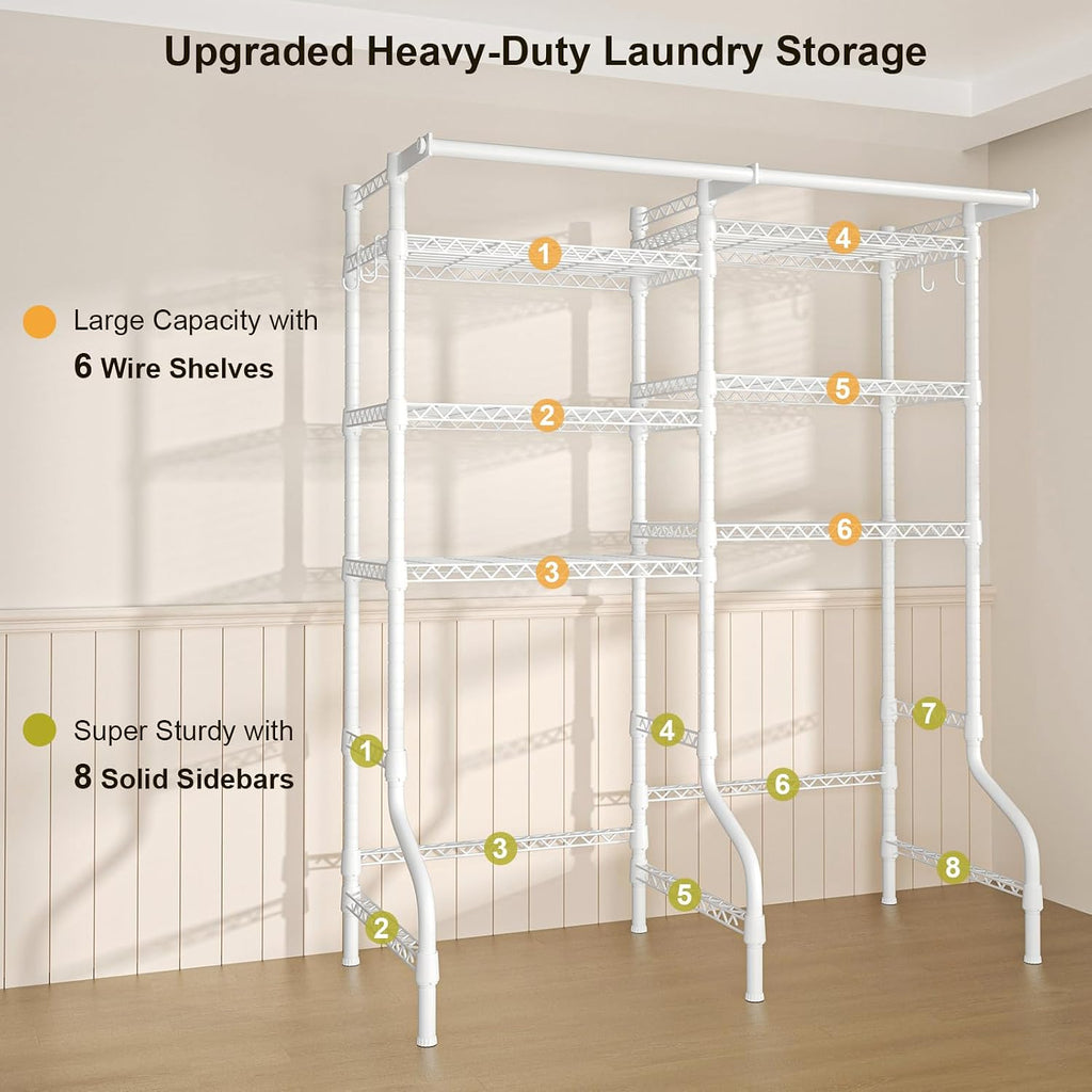 Ulif U13 Medium Over Washer and Dryer Storage Shelves, 6 Tiers Laundry Room Standing Shelf with 2 Hanger Rods, Space Saver Clothes Drying Rack, 57.8' W x 22' D x 77.4' H, White