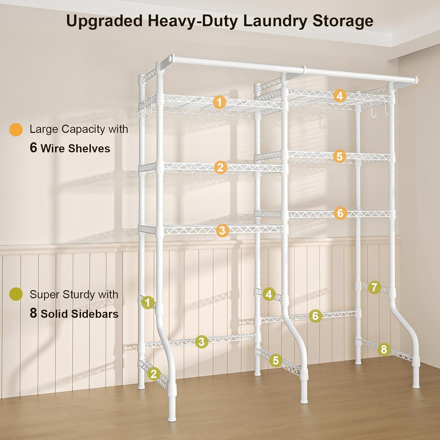 Ulif U13 Medium Over Washer and Dryer Storage Shelves, 6 Tiers Laundry Room Standing Shelf with 2 Hanger Rods, Space Saver Clothes Drying Rack, 57.8' W x 22' D x 77.4' H, White