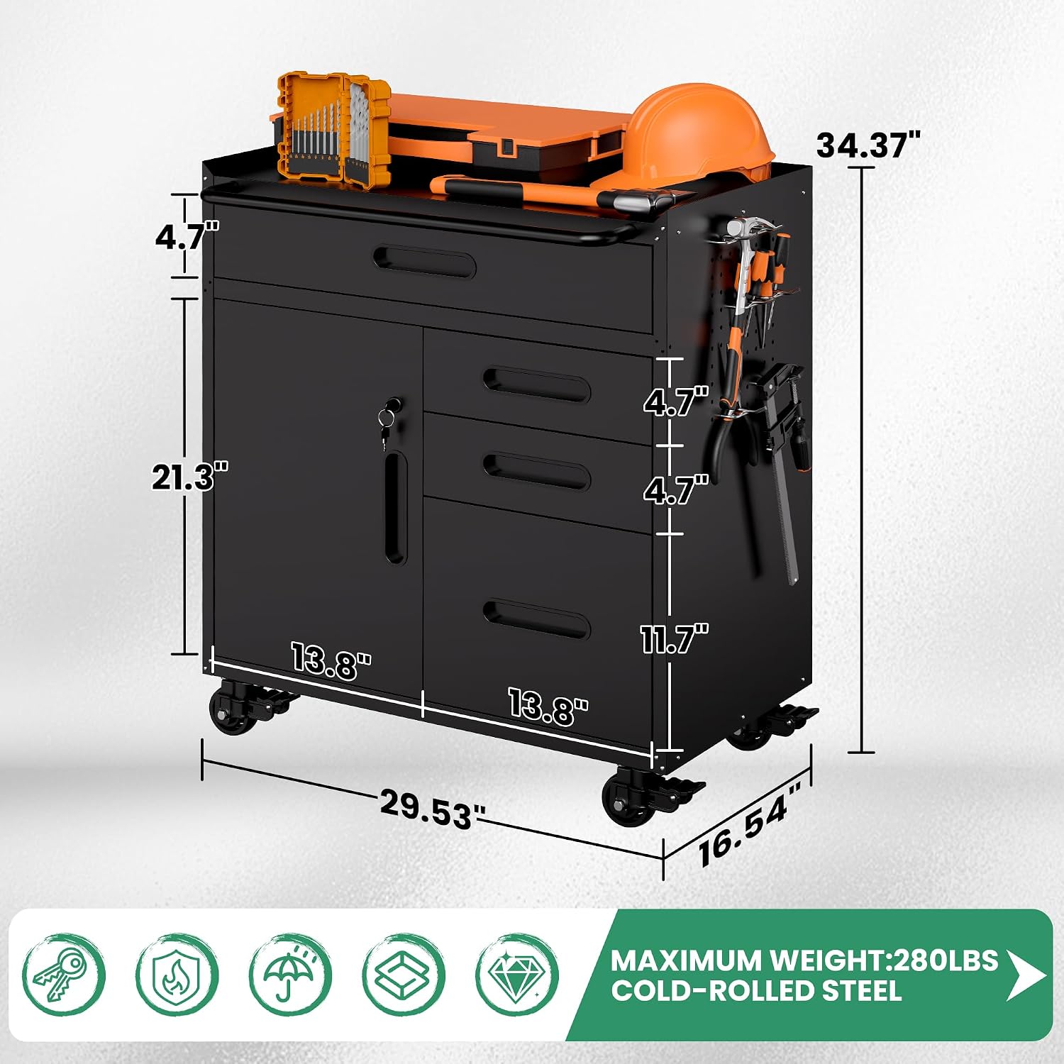 Garage Storage Cabinet,Metal Rolling Tool Cabinet with 2 Pegboard and 10 Hook,Heavy Duty Mechanics Tool Chest Storage for Workshop, Basement,Warehouse,Include Workbench Liner,Black