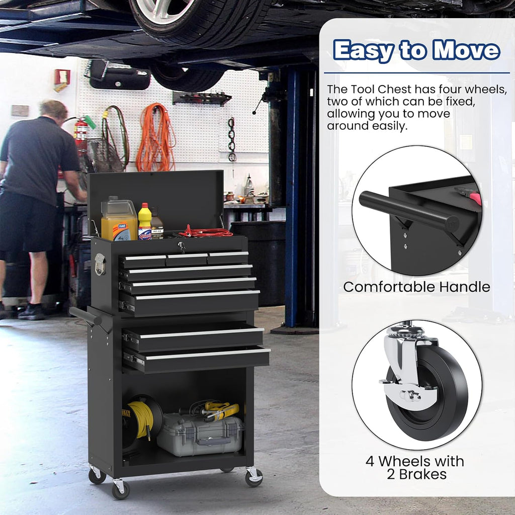 Rolling Tool Box with Wheels, 8-Drawer High Capacity Tool Chest with Wheels, Removable Storage Toolbox with Lock for Garage, Workshop (Black)