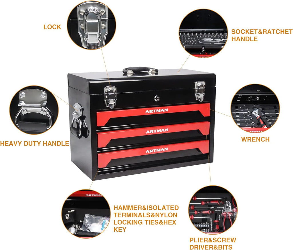 3-Drawer Tool Chest with 439-Piece Mechanics Tool Set | Heavy-Duty Steel Portable Tool Box with Complete Socket & Wrench Kit for Workshop, Garage, and Home Use (Black & Red)