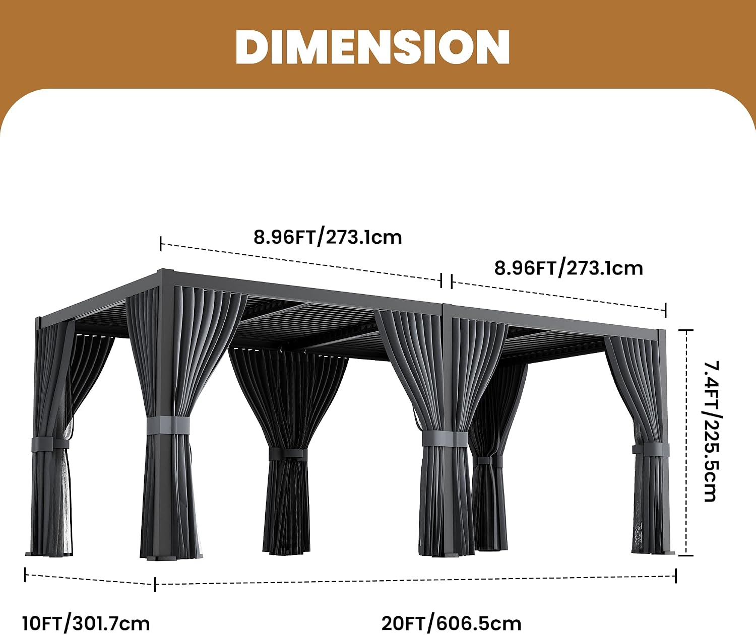 SUNBURY 10'X 20' Louvered Pergola, Aluminum Outdoor Pergola with 4 Adjustable Roof, All-Weather Use, Netting & Privacy Curtains, Waterproof Patio Shade Cover for Patio, Backyard, Lawn, Garden, Black