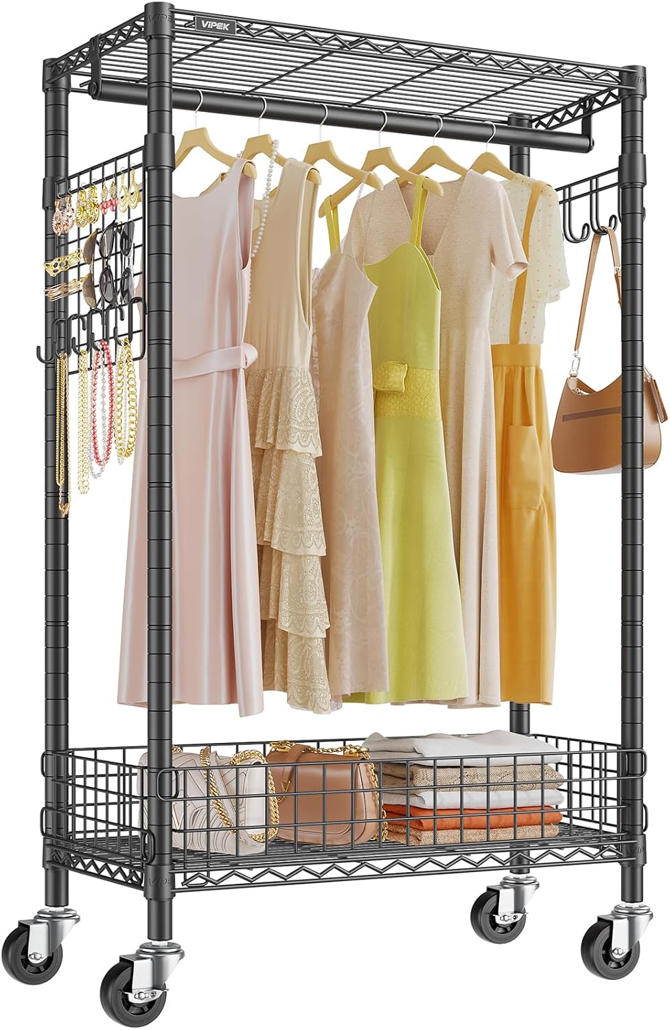 VIPEK R1 Rolling Clothes Rack with Pegboard Organizer Portable Closet for Hanging Clothes with Lockable Wheels & Removable Basket, Compact Clothing Rack for Small Spaces Apartments/Bedroom, Black