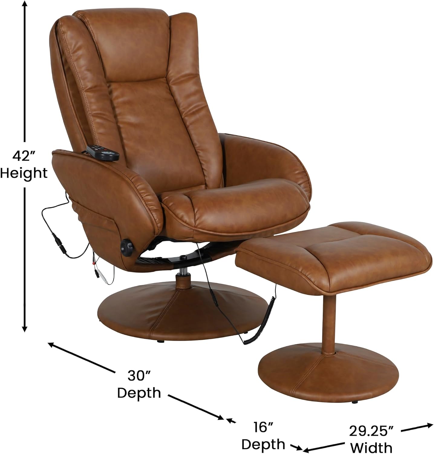 Flash Furniture Poppy Massaging Multi-Position Plush Recliner with Side Pocket and Ottoman in Brown LeatherSoft