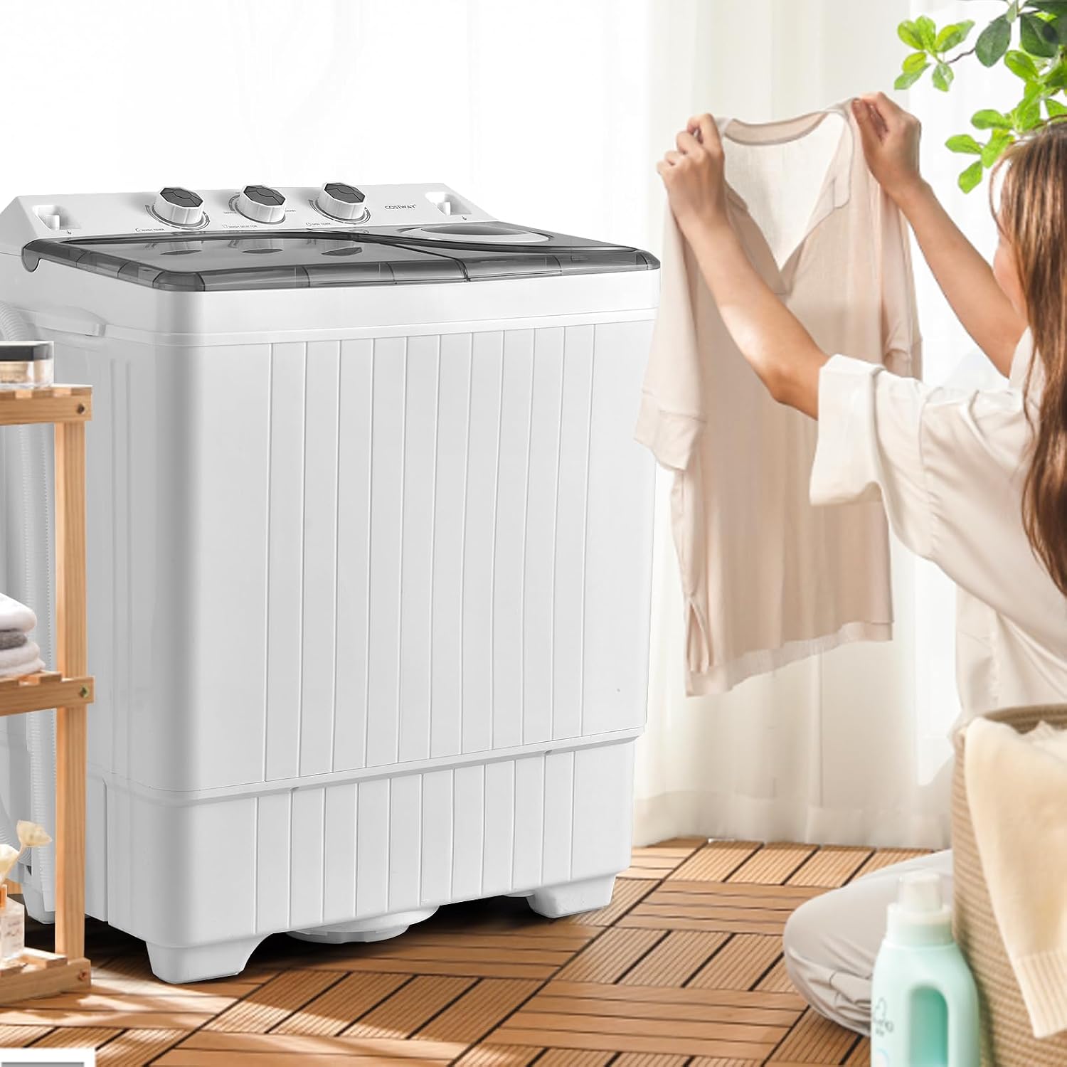 COSTWAY Portable Washing Machine, Twin Tub 26lbs Capacity Laundry, 18lbs Washer and 8lbs Spinner Combo with Timer Knobs, Built-in Drain Pump, Compact Washer for Home Dorm Apartment (Grey+White)