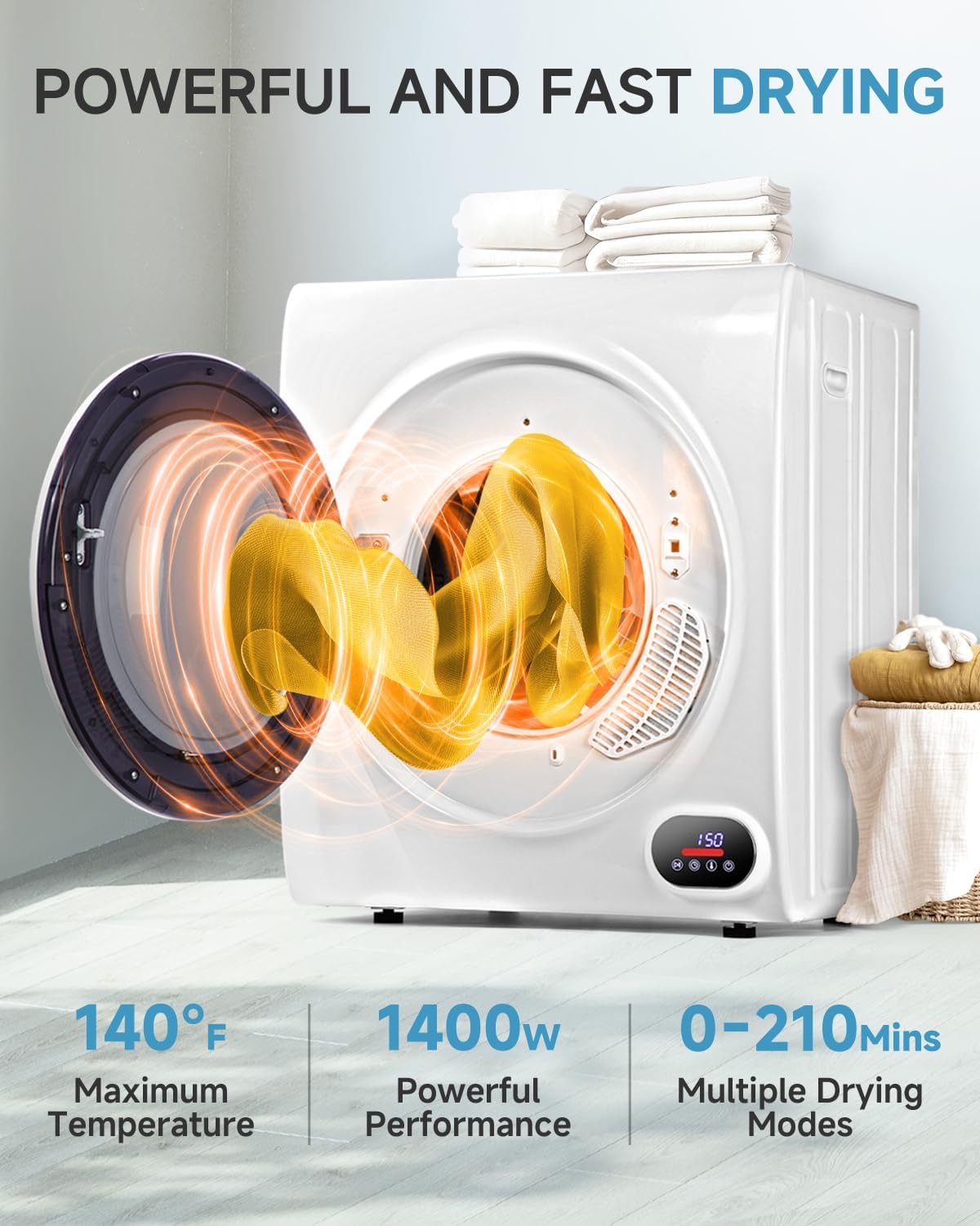 Feelfunn 2.65 Cu.Ft Portable Clothes Dryer - 1400W Clothes Dryer with Stainless Steel Tub, Front Load Tumble, LCD Touch Panel - Compact Drying Unit for Laundry, Apartments, Dorms