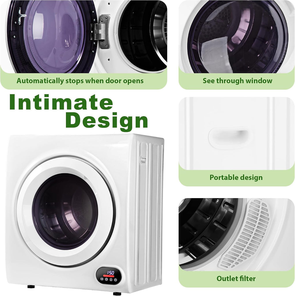 Euhomy Compact Laundry Dryer, 2.65 cu ft Front Load Stainless Steel Clothes Dryers With Exhaust Pipe, 1400W, LCD Control Panel Four-Function Portable Dryer For Apartments, Home, Dorm, White