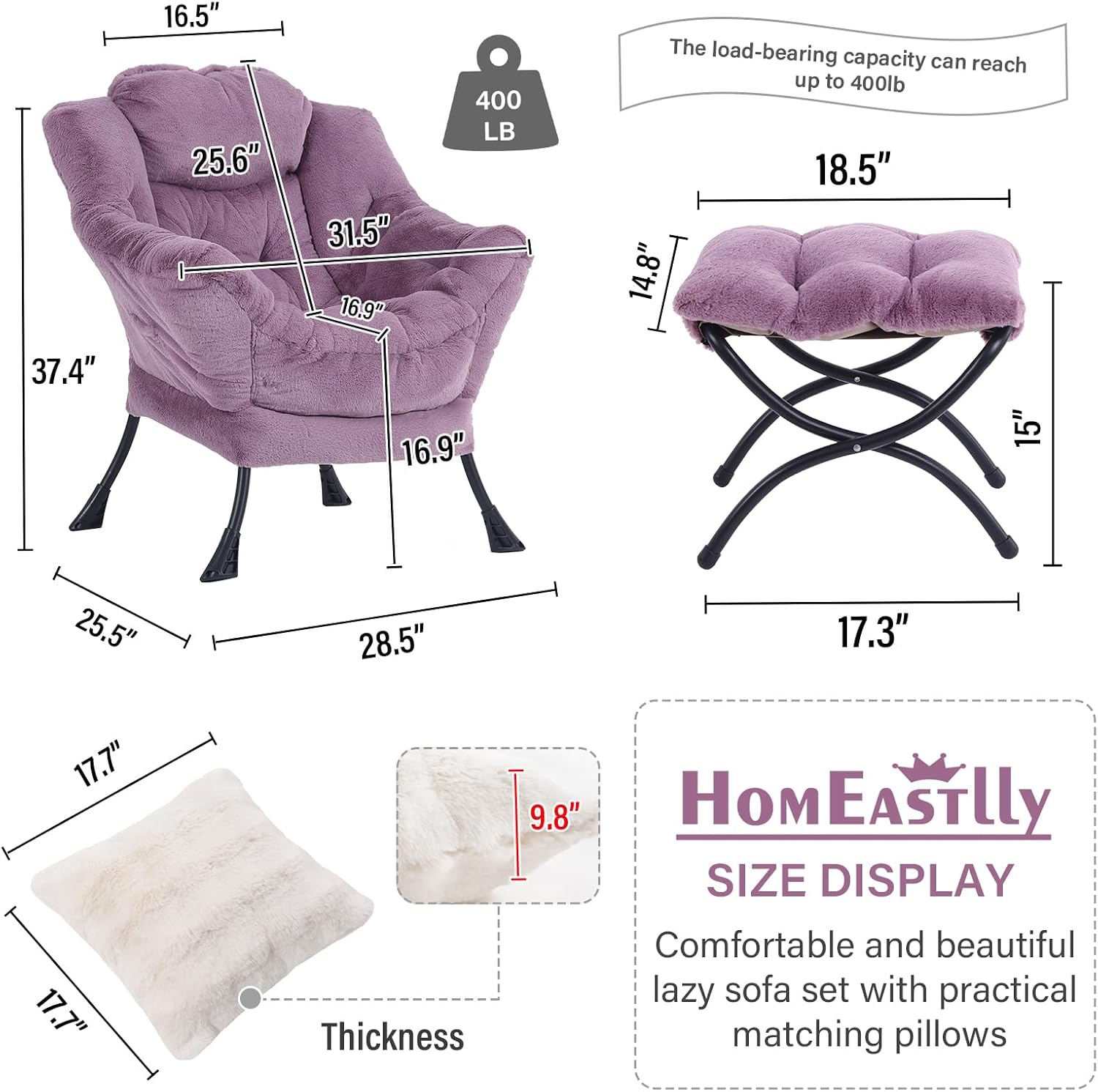 Lazy Chair with Ottoman, Large Purple Accent Chair with Ottoman and FA Throw Pillow, Comfy Plush Reading Chair for Living Room Bedroom Dorm Room Office Apartment Relaxing Use