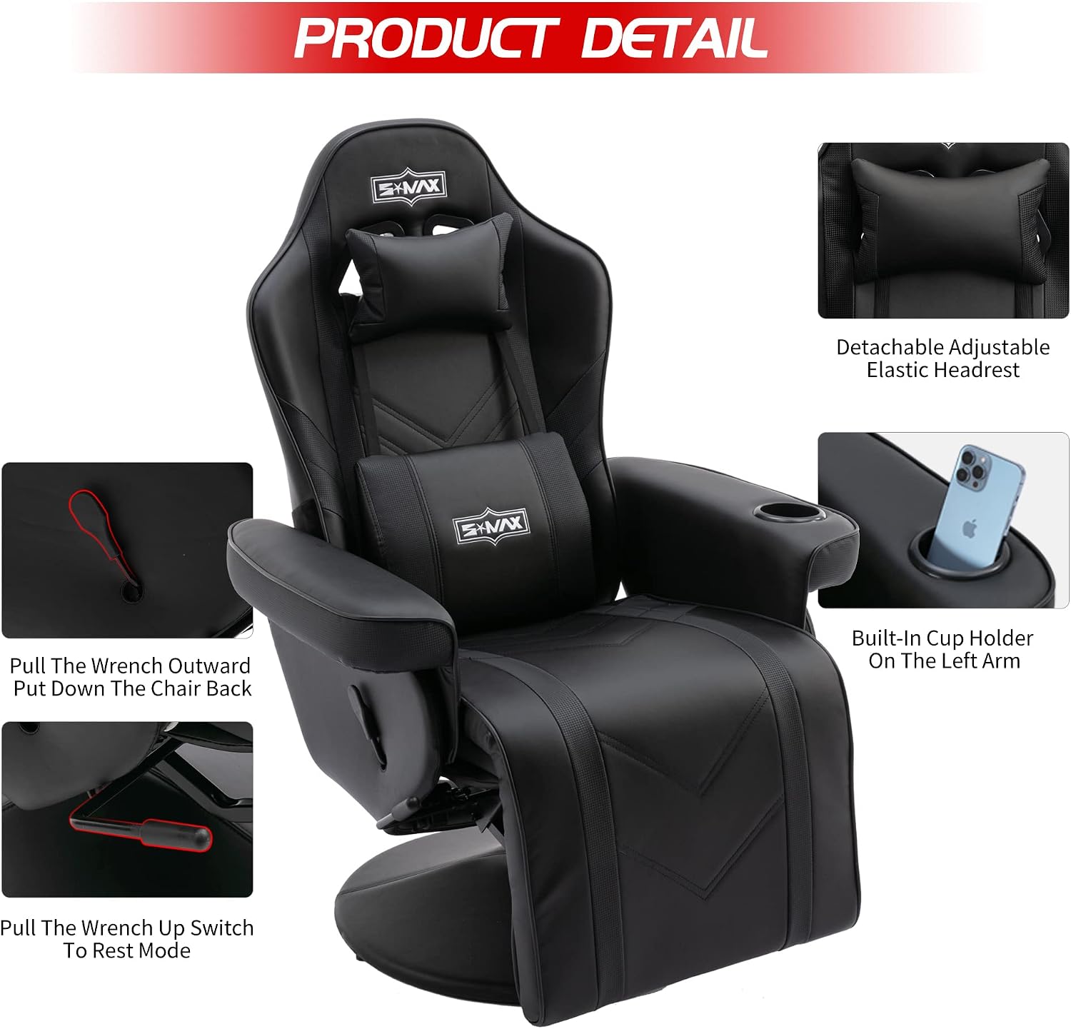 S*MAX Gaming Recliner Chair for Adults Higher Back and Wider Lumbar Support Swivel PU Leather Gaming Chair with Footrest Larger Cup Holder Black X Large