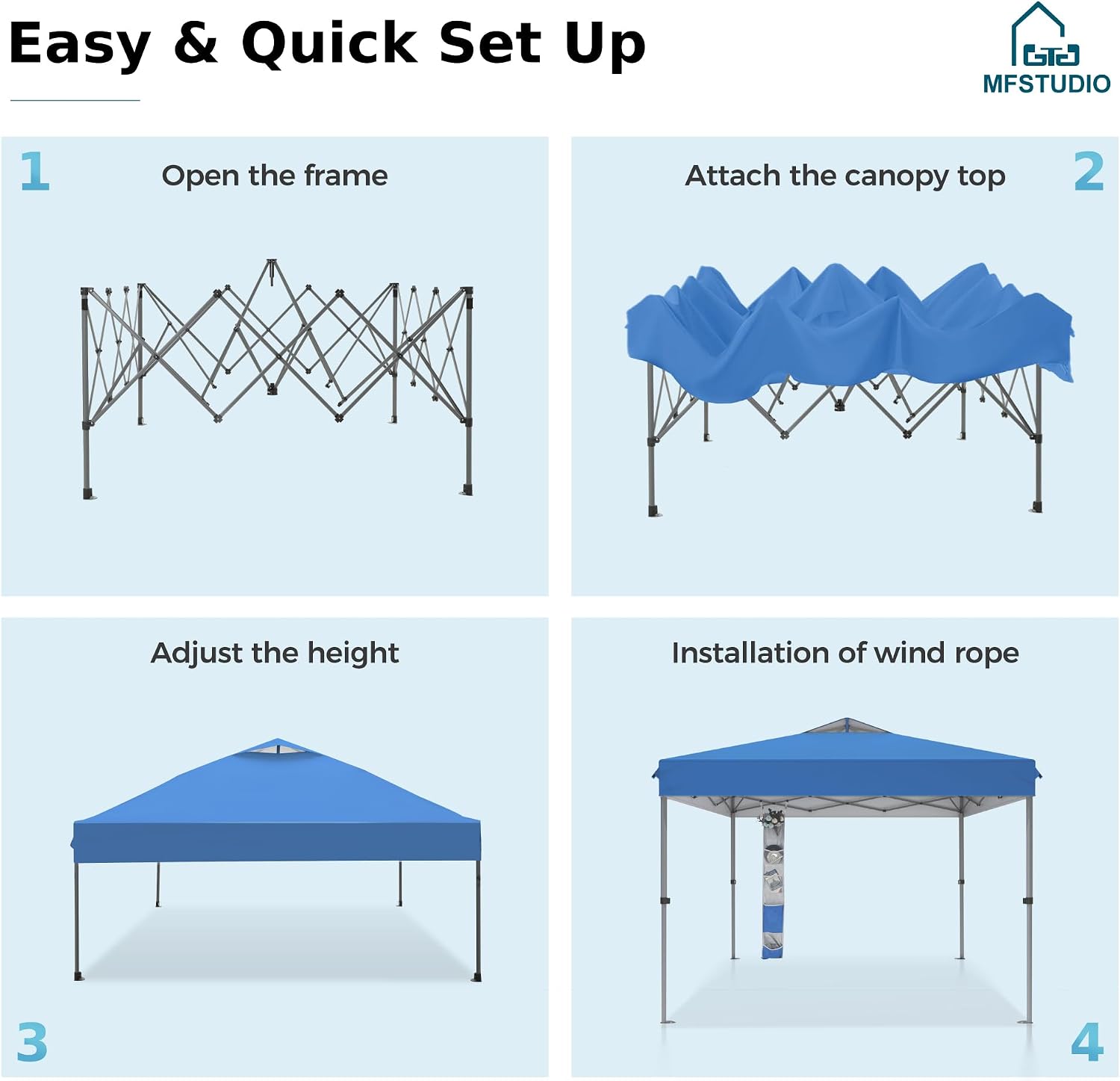 MFSTUDIO Pop Up Canopy Tent, 10x10 Canopies Outdoor One Person Push Set Up Tent Instant Portable Shelter Tents with Vented Top, Storage, 4 Sandbags, Beach Canopy,Blue