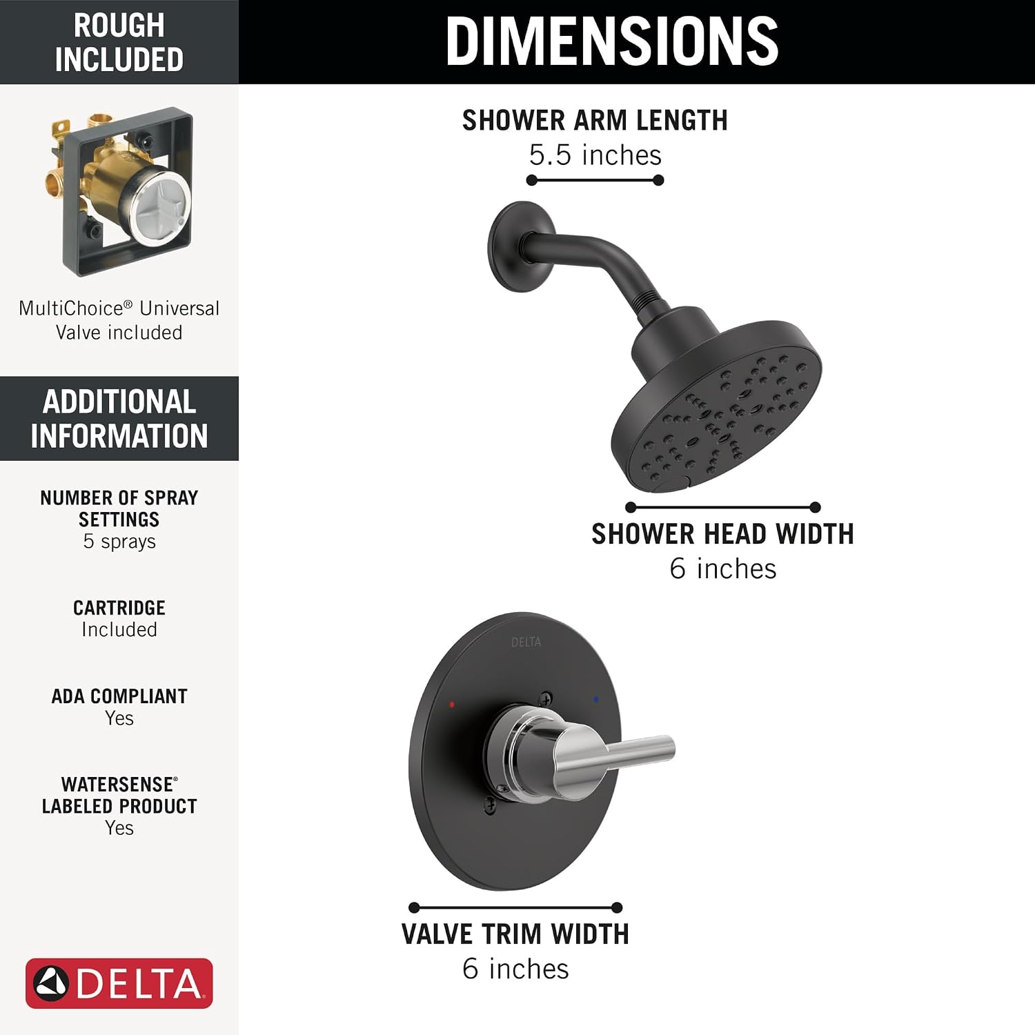 Delta Nicoli 14 Series H2Okinetic Shower Faucet Set, Matte Black/Chrome Shower Head and Handle Set, Valve Trim Kit, Matte Black/Chrome 142749-CS (Shower Valve Included)