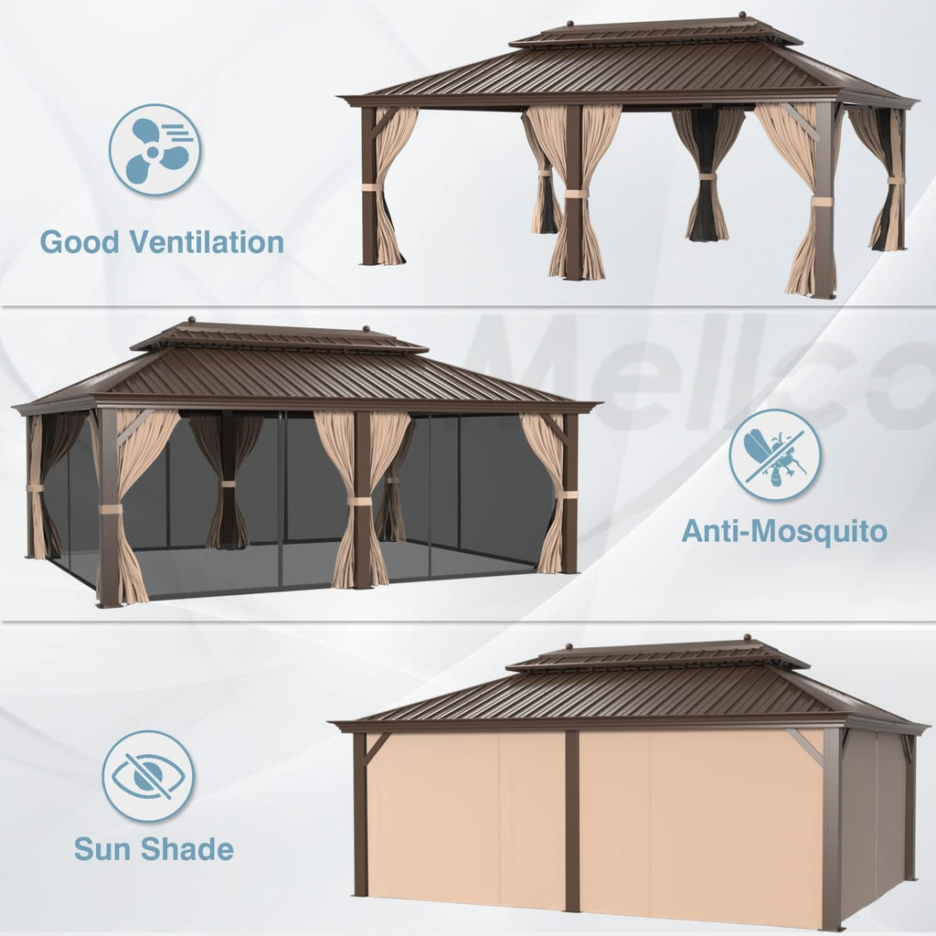 MELLCOM 12'x20' Hardtop Gazebo, Galvanized Steel Metal Double Roof Aluminum Gazebos with Curtains and Netting, Brown Permanent Pavilion with Aluminum Frame for Patio, Lawn & Garden