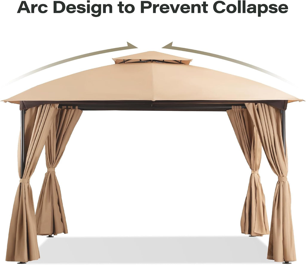 LAUSAINT HOME 10x10 Patio Arc Gazebo with 50ft Lights Outdoor Canopy Tent with Curtains, Soft Top Party Shelter with Expansion Bolts and Wind-Resistant Ropes for Backyard, Garden, Lawn, Deck, Khaki