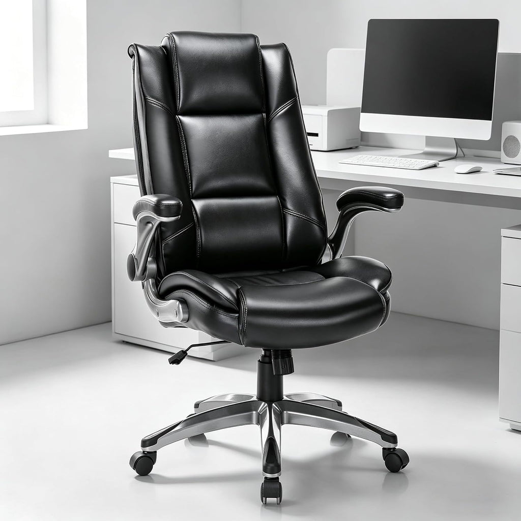 COLAMY Leather Executive Office Chair - High Back Ergonomic Home Computer Desk Chair with Padded Flip-up Arms, Adjustable Tilt Lock, Swivel Rolling Chair for Adult Working Study, Black