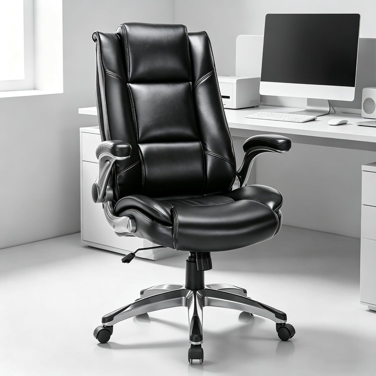 COLAMY Leather Executive Office Chair - High Back Ergonomic Home Computer Desk Chair with Padded Flip-up Arms, Adjustable Tilt Lock, Swivel Rolling Chair for Adult Working Study, Black