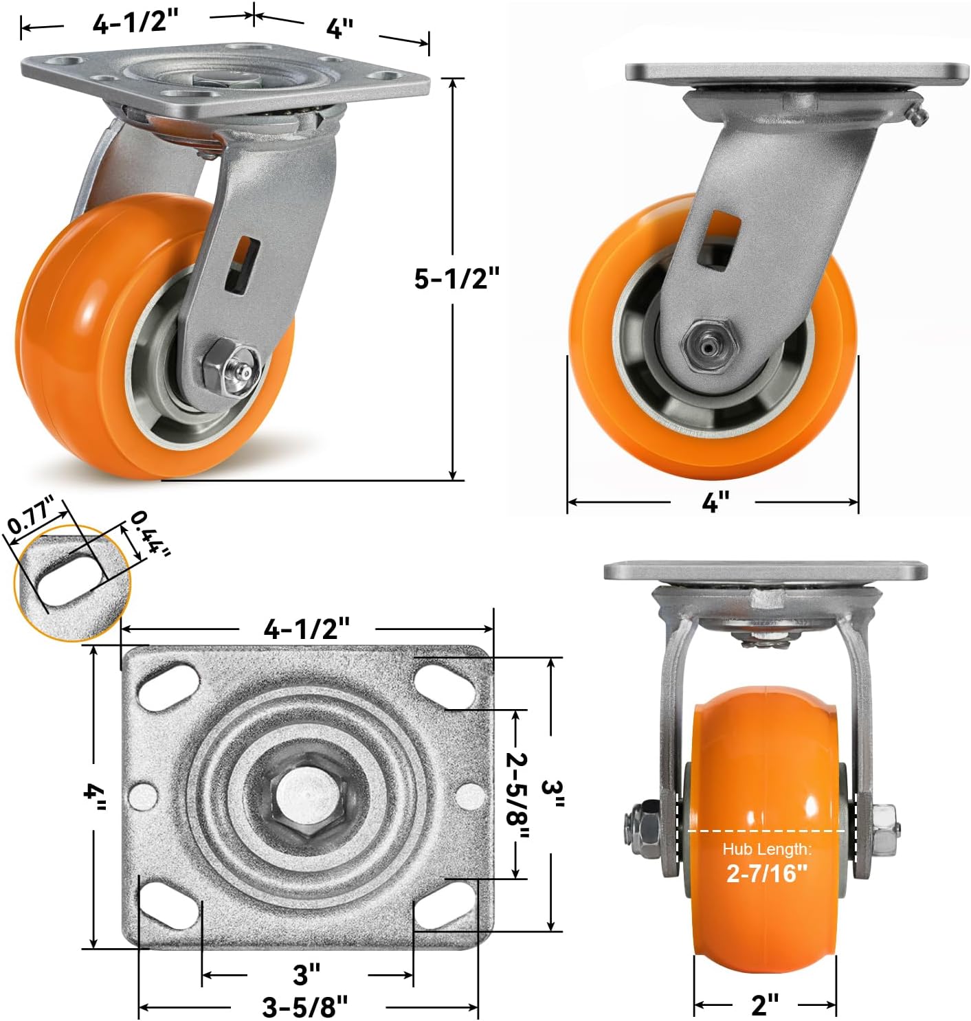 4' Casters, Heavy Duty Industrial Caster Wheels, Crowned Tread Aluminum Core Thickened Polyurethane Casters Set of 4 with Load 3200lbs Capacity, Wheels for Cart Toolbox (4 Swivel)