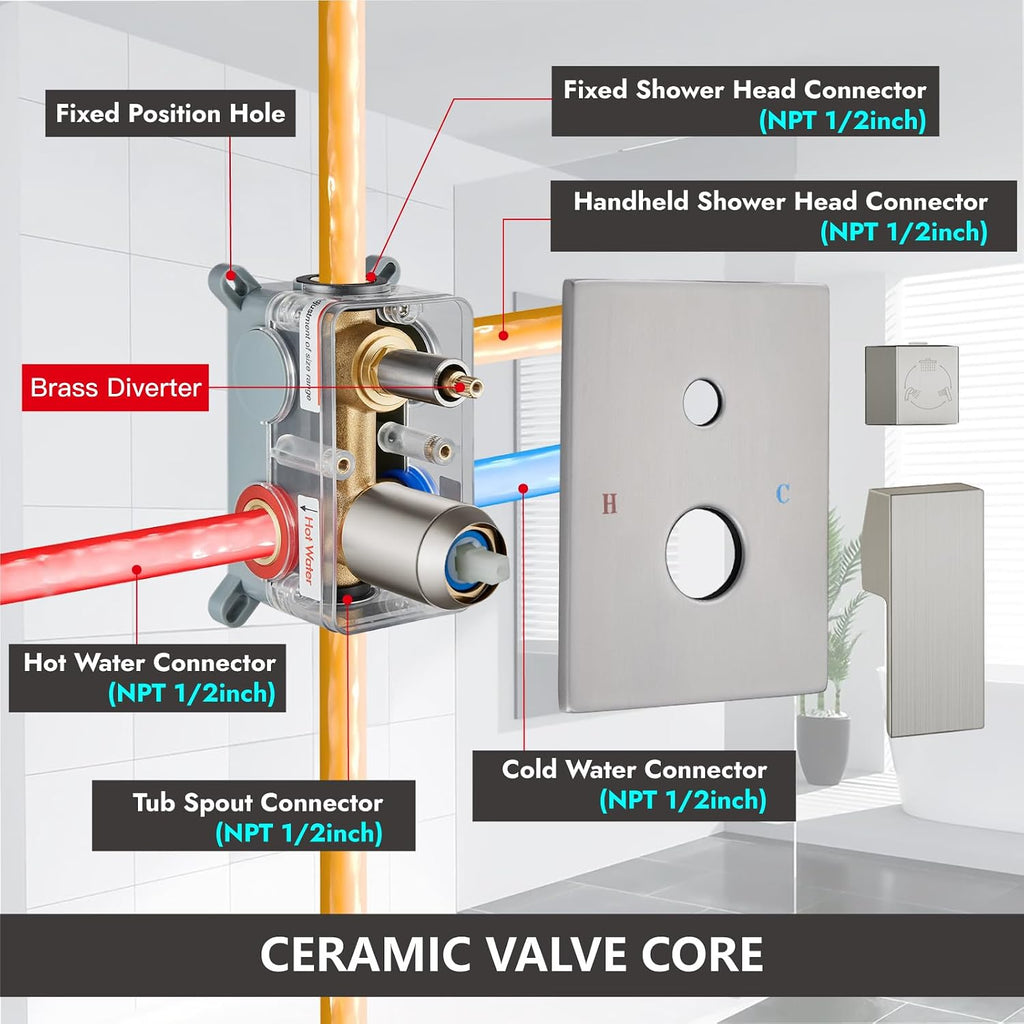Midanya Shower System with Tub Spout,Bathtub Shower Faucet Set with Square Rainfall Head and Handheld Sprayer Wall Mount Tub Faucet Set with Valve and Trim Kit,12 Inch Brushed Nickel