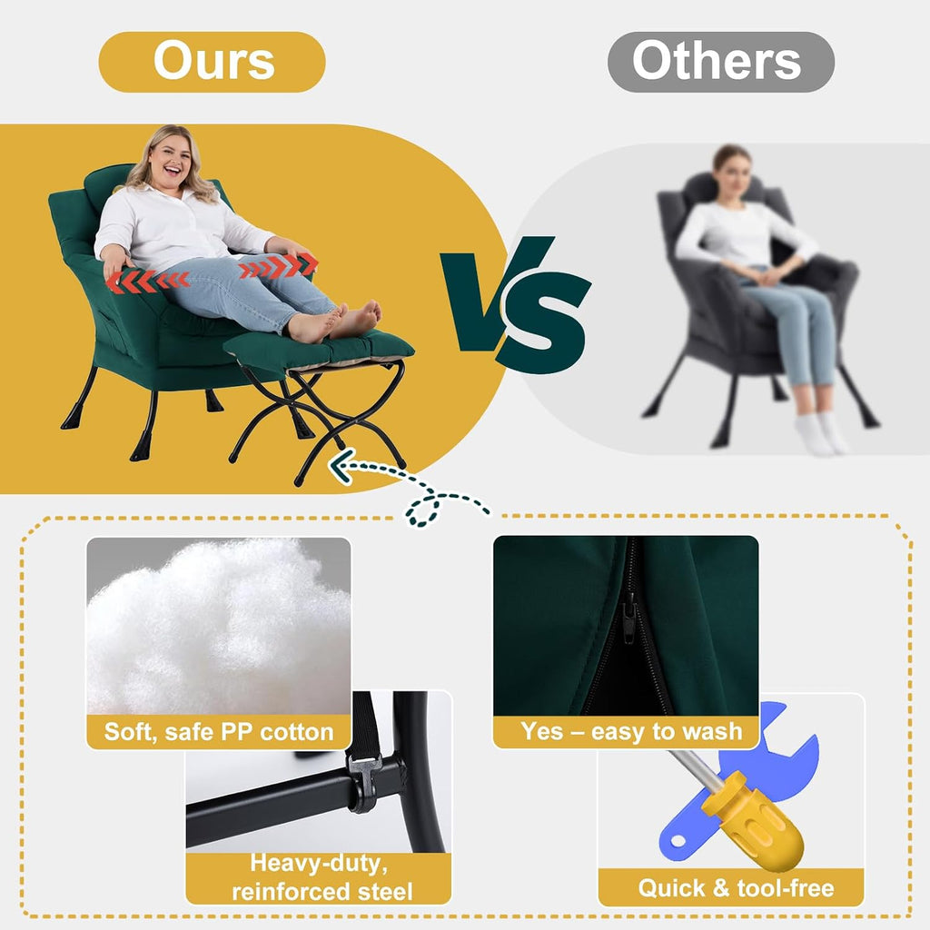 Lazy Chair with Ottoman, Large Accent Chair with Ottoman and a Throw Pillow, Dark Green Reading Chair for Living Room Bedroom Dorm Room Office Apartment Relaxing Use