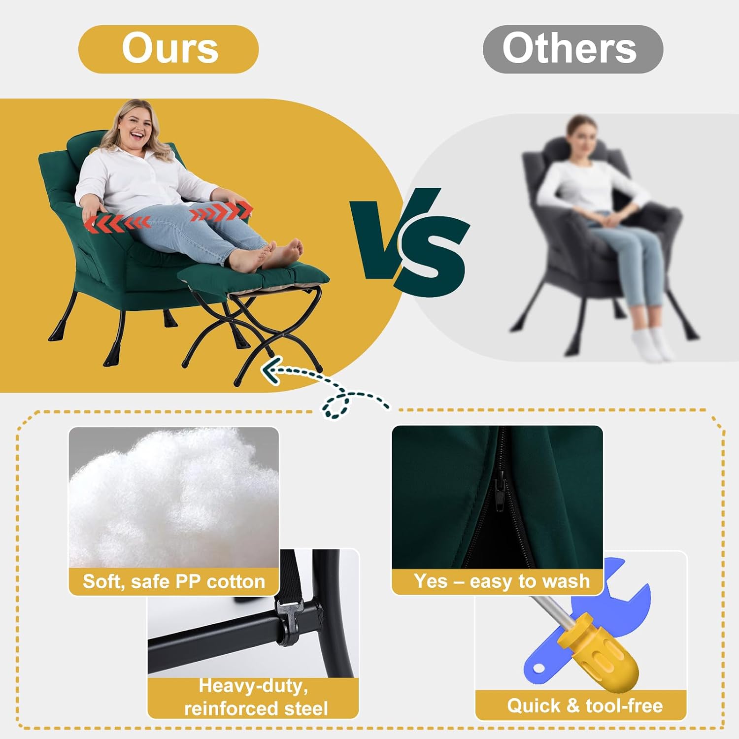Lazy Chair with Ottoman, Large Accent Chair with Ottoman and a Throw Pillow, Dark Green Reading Chair for Living Room Bedroom Dorm Room Office Apartment Relaxing Use