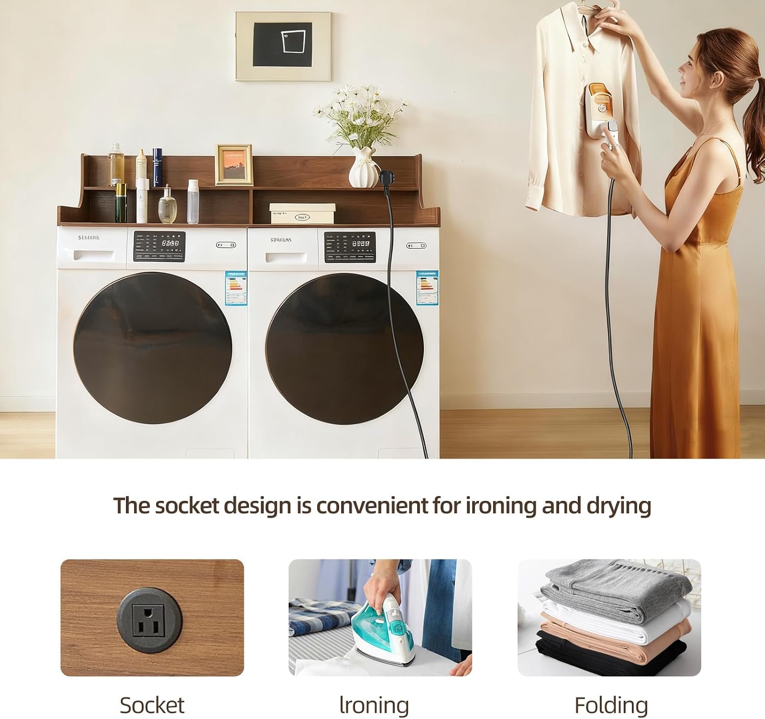 2-Tier Washer and Dryer Countertop 54' W x 27.5' D – laundry countertop over washer and dryer with Power Plug, washer countertop for Laundry Room Organization