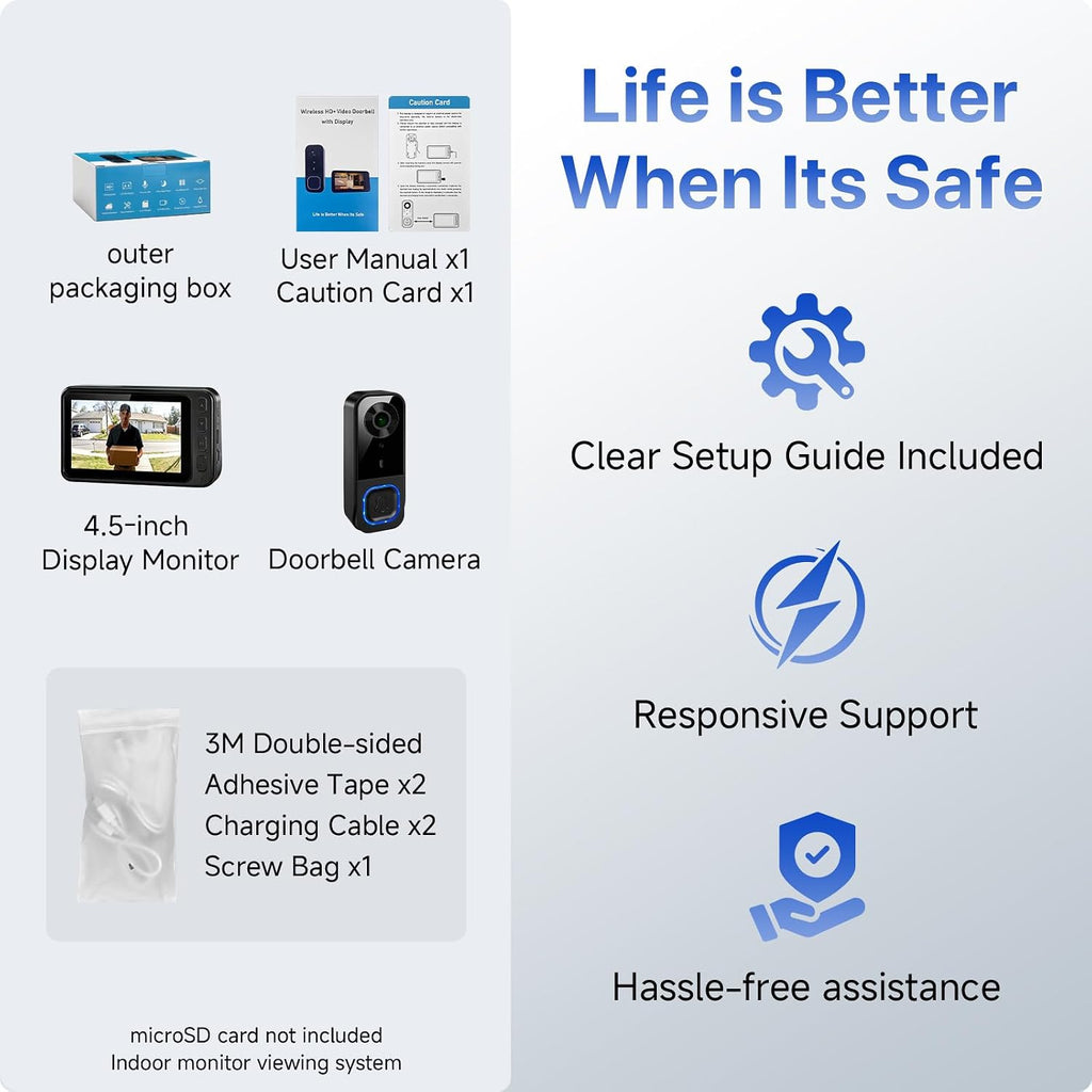 BOKKY Wireless HD Video Doorbell with 4.5'' Indoor Monitor, No WiFi or App Required, 2-Way Talk, Night Vision, Local SD Storage, Ideal for Seniors and Apartments