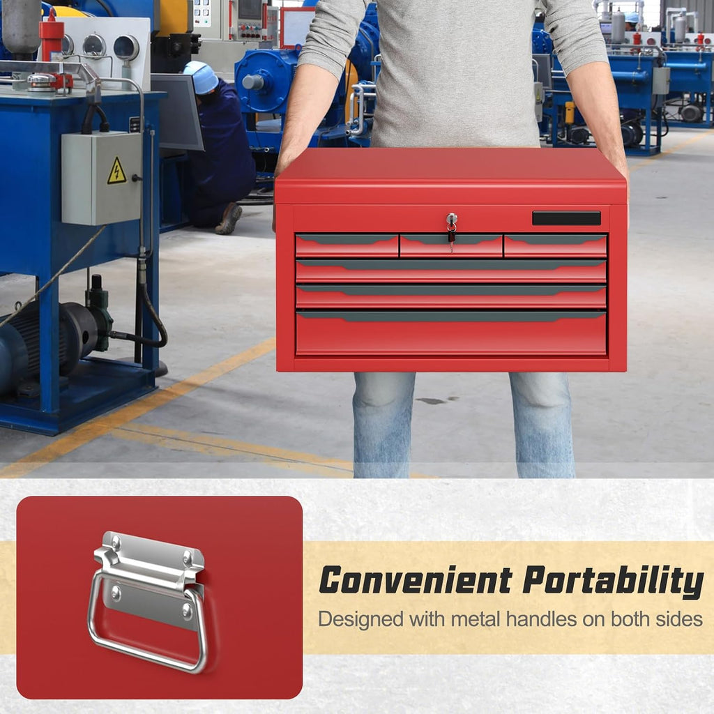 Large Metal Tool Box, ARNOT Tool Box with 6 Drawers & Top Tray, Heavy-Duty Steel Tool Chest with Auto-Locking Drawers and Side Handles for Garage & Workbench, Black (Red)