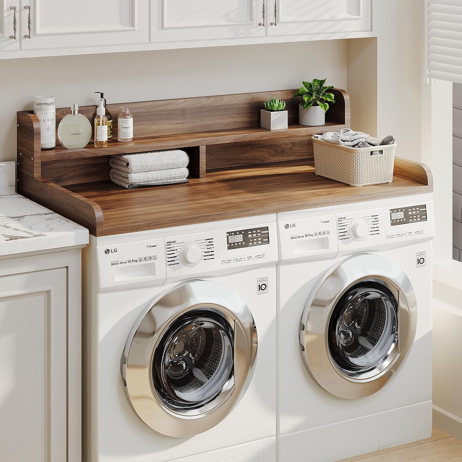 2-Tier Washer Dryer Countertop with 2.75' H Edge Rails, 54' W x 27.55' D Laundry Countertop for Folding Clothes, Washer and Dryer Topper with Non-Slip Pad (Dark Walnut)