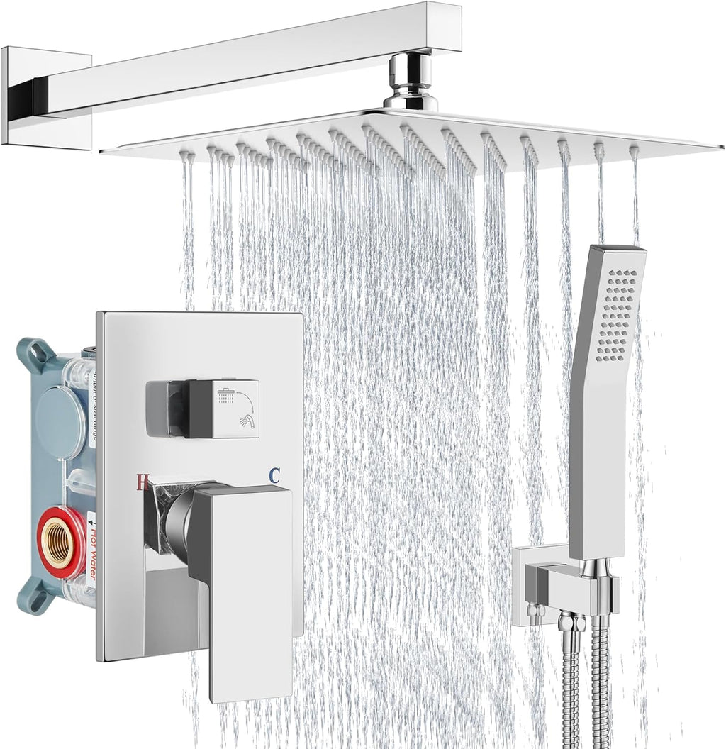 Aolemi Shower Faucet Set Rain Shower System with Handheld Spray Bathroom Shower Combo Rough-in Valve and Shower Trim Kit Included Polish Chrome 12 Inch Wall Mount Shower Head