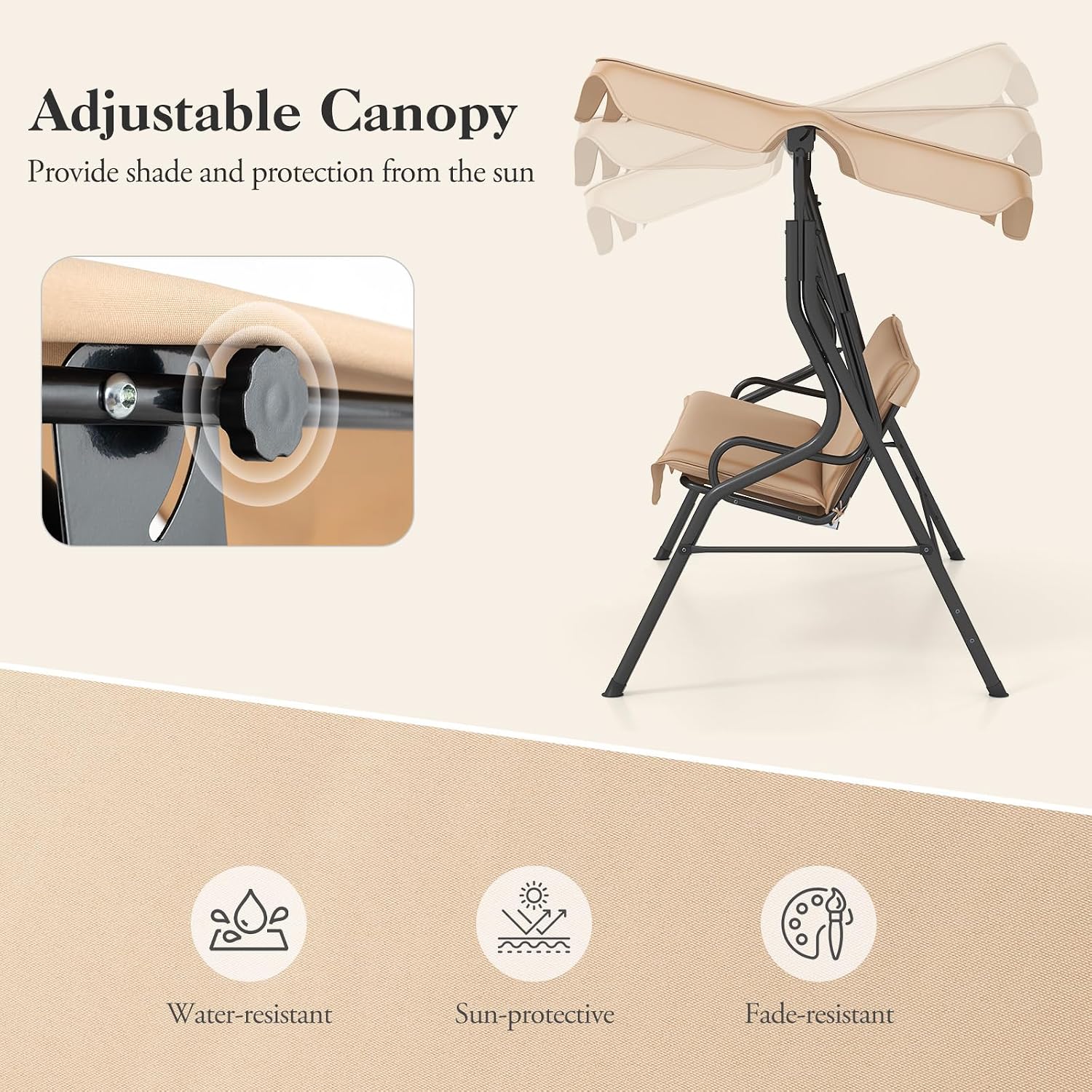DREAMADE Porch Swing Outdoor, 3 Person Patio Swing w/Removable Cushion, Stand & Adjustable Canopy, Heavy Duty Swing Chair for Patio, Garden, Courtyard, Poolside