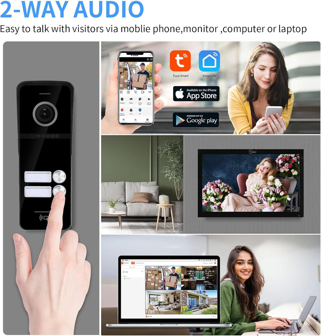 Wired Apartment Video Intercom System 2 Units 10 Inch Touch Monitor Wireless WiFi Video Doorbell,Video Door Phone Kit, Monitoring,3 in 1 Unlock,Dual Way Audio for Home (Black doorbell+Black Monitor)