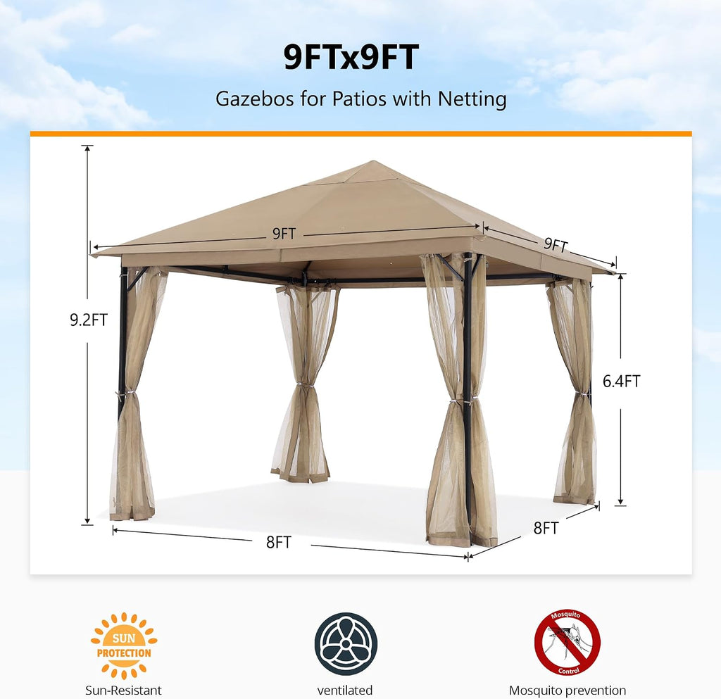 ABCCANOPY Outdoor Patio Gazebo 9x9 - Single Roof Canopy with Mosquito Netting for Backyard, Deck, Garden, Lawn, Khaki