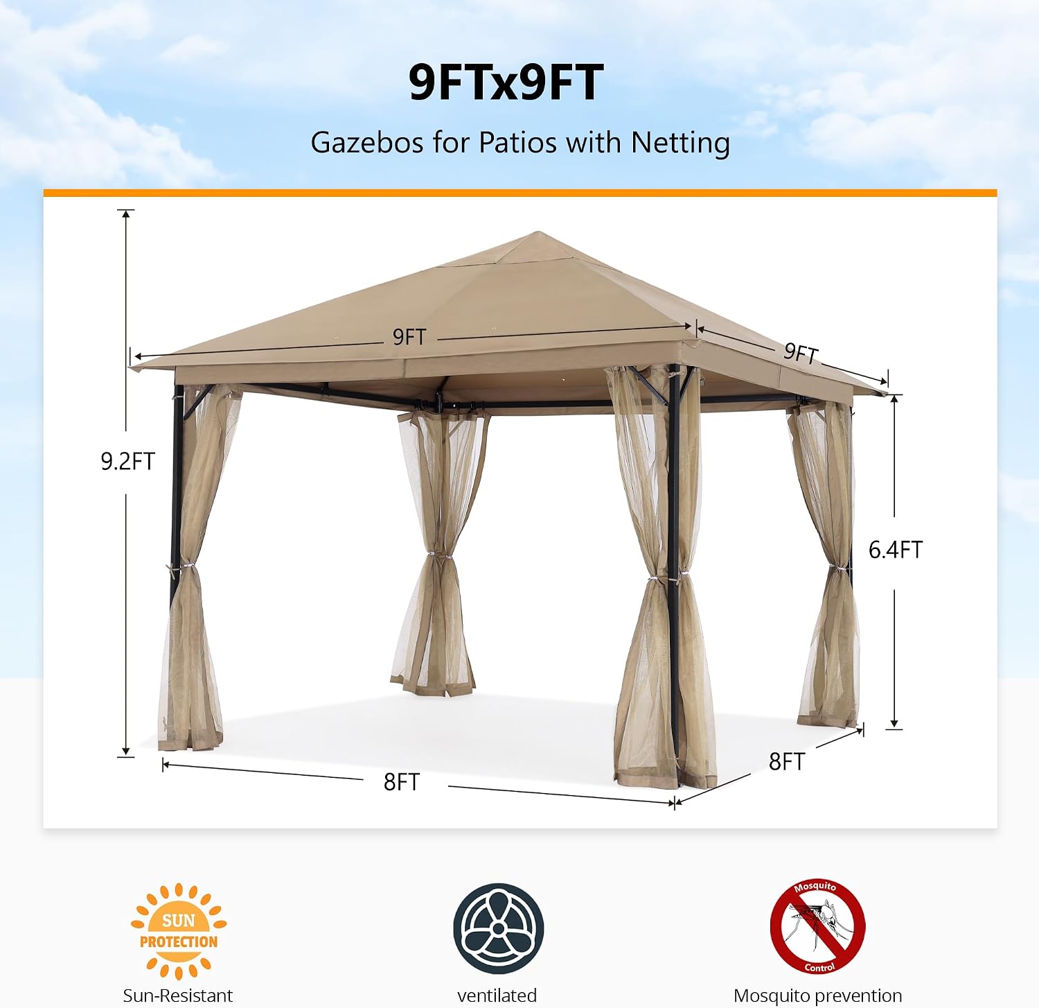 ABCCANOPY Outdoor Patio Gazebo 9x9 - Single Roof Canopy with Mosquito Netting for Backyard, Deck, Garden, Lawn, Khaki