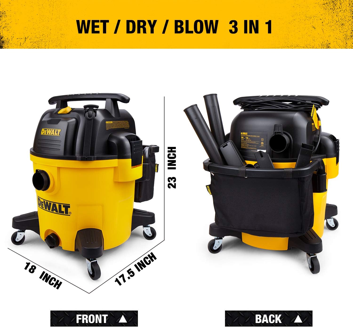 DEWALT 10 Gallon Poly Wet Dry Vacuum, 5.5 HP Shop Vacuum 120V 90 CFM for Jobsite, Work Shop, Comerical Area, Garage/Warehouse etc, 10 Ft Cord Model DXV10P