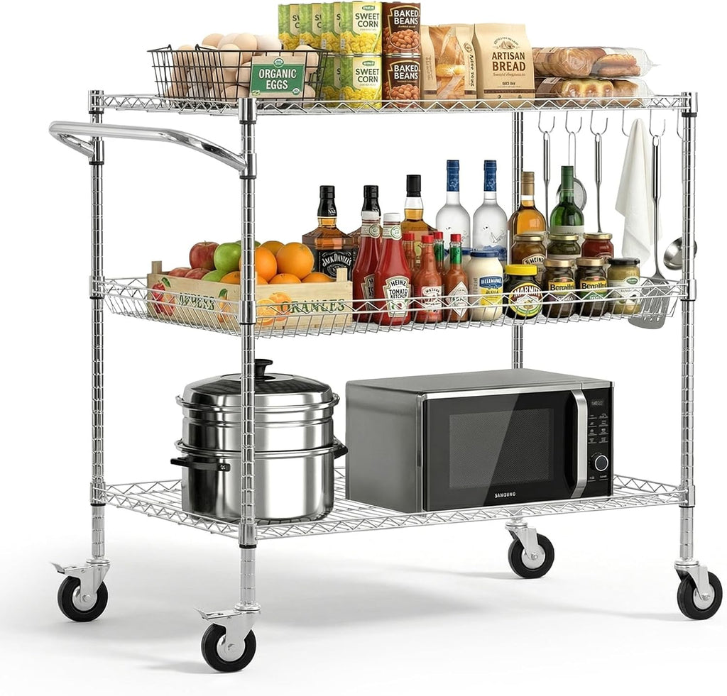 VEVOR Kitchen Utility Cart, 3 Tier Heavy Duty Adjustable Wire Storage Rack, Commercial Steel Rolling Service Trolley on Wheels, Work Table with Handle Bar, for Garage and Laundry Room, 40x25x40.9 in